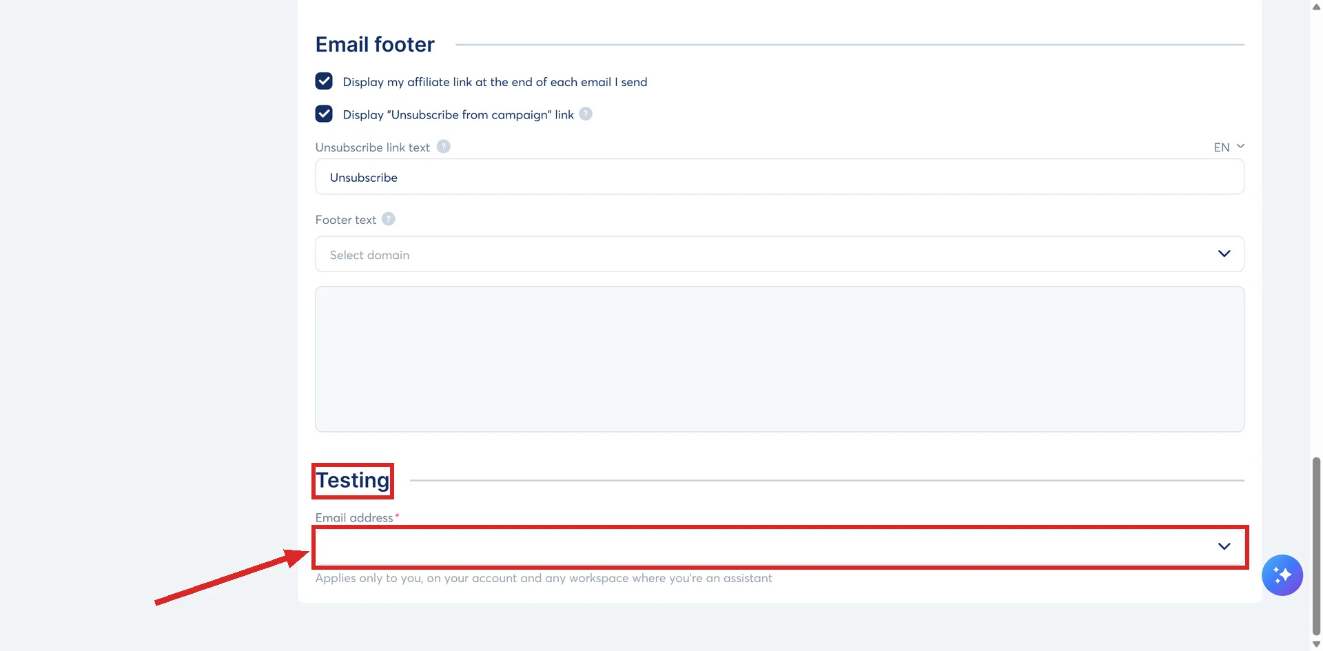 The Testing section under Settings, then Emails, in systeme.io, with the Email address field highlighted.