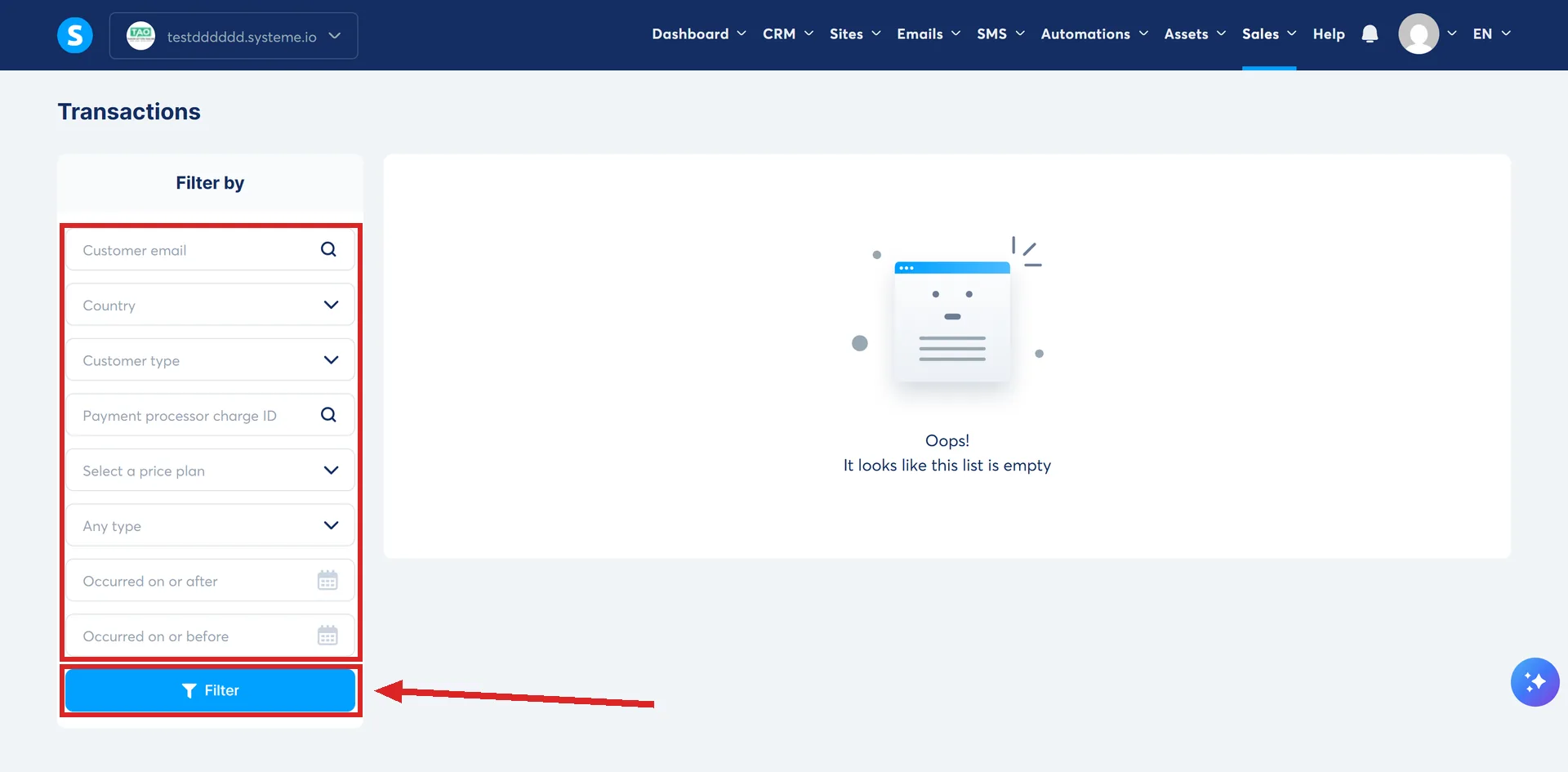 The Transactions page under Sales in systeme.io, with the eight fields of the Filter by panel and the Filter button highlighted.