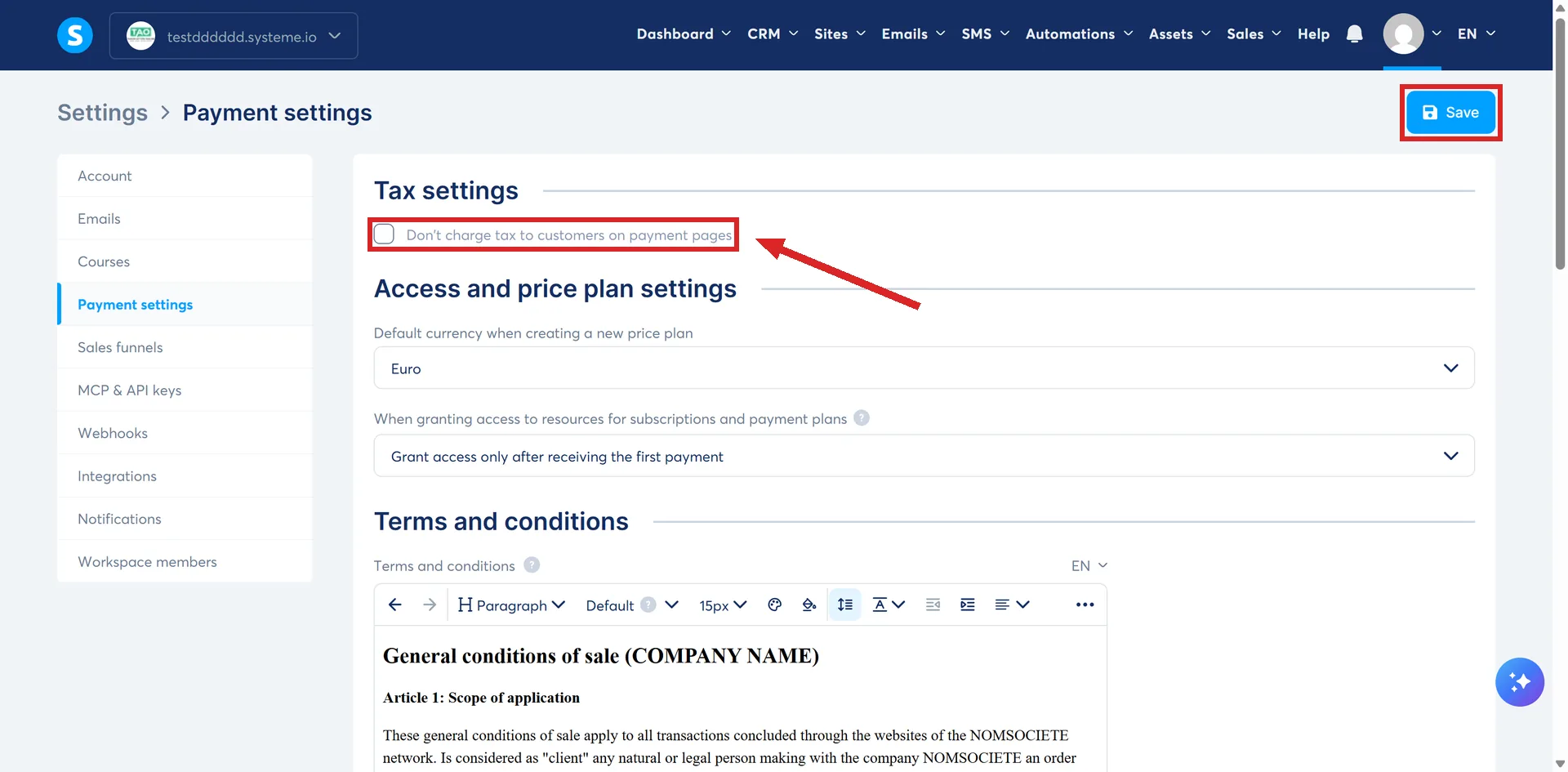 The Payment settings page in systeme.io, with the tax tick box and the Save button highlighted.