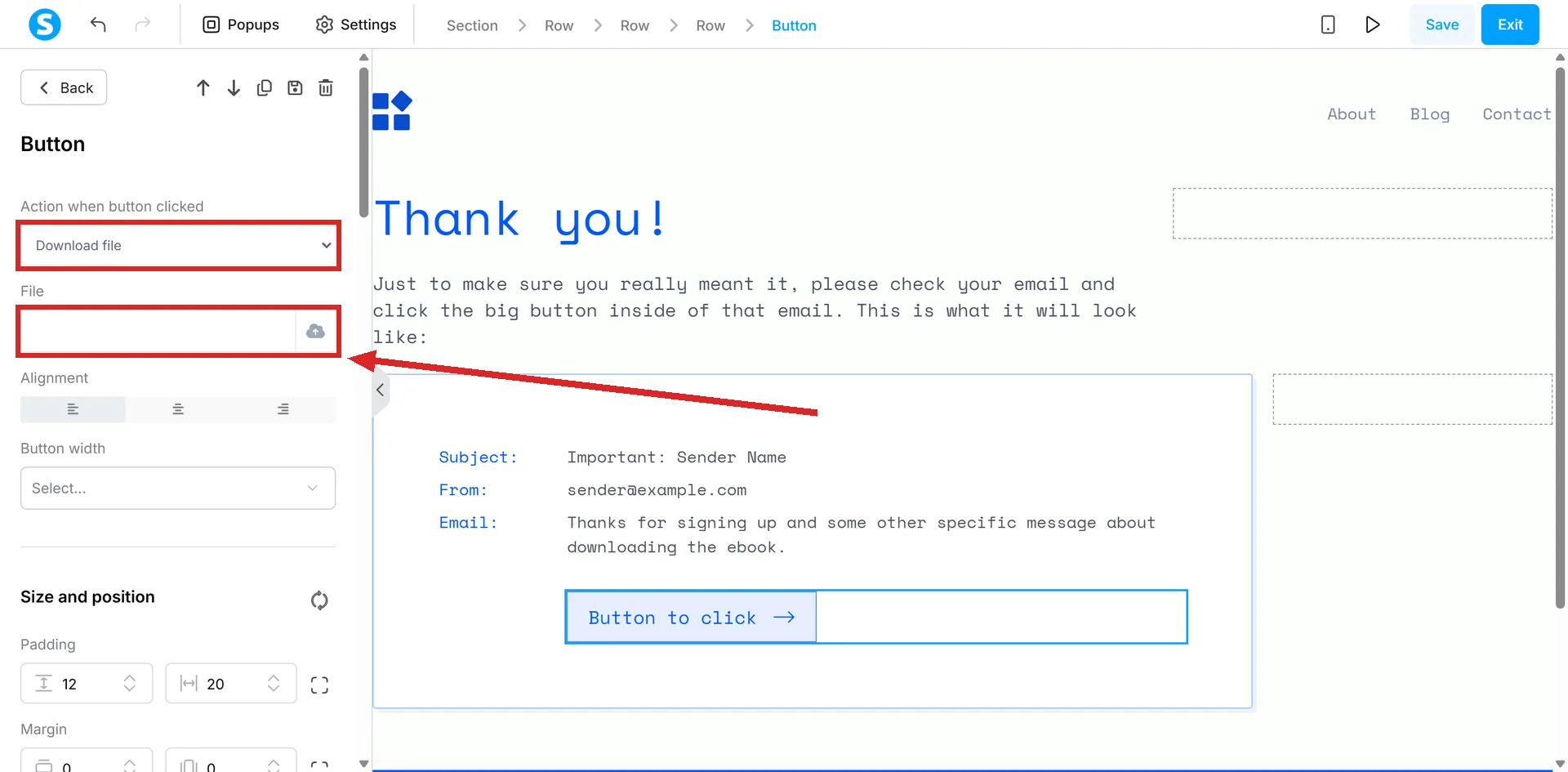 A button's settings on the systeme.io thank-you page, with the Download file action and the File box marked.