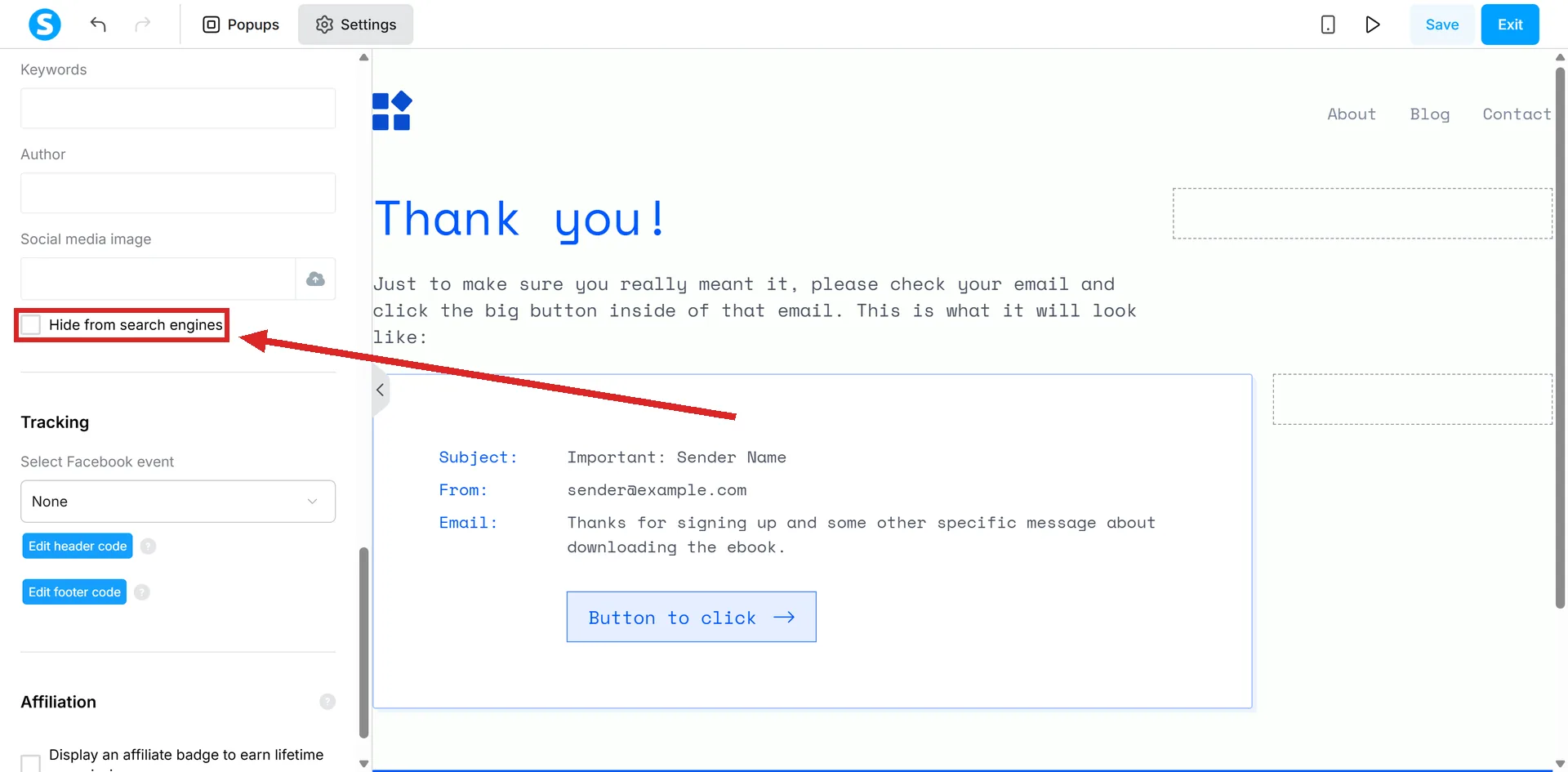 The page Settings panel in the systeme.io editor at its SEO section, with the Hide from search engines box marked.