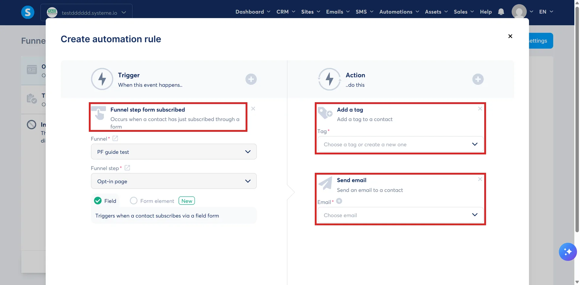 The Create automation rule window in systeme.io, with the trigger and the Add a tag and Send email actions marked.