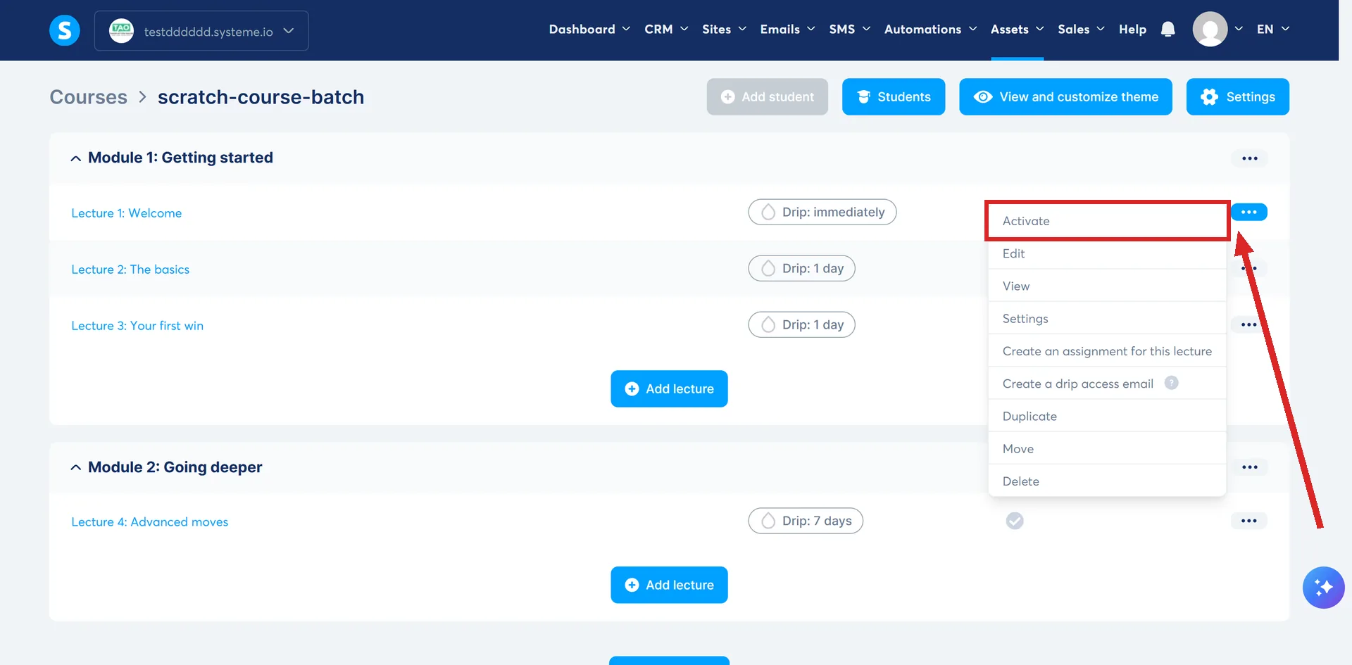 A lecture's three-dot menu open in systeme.io, with Activate highlighted at the top.