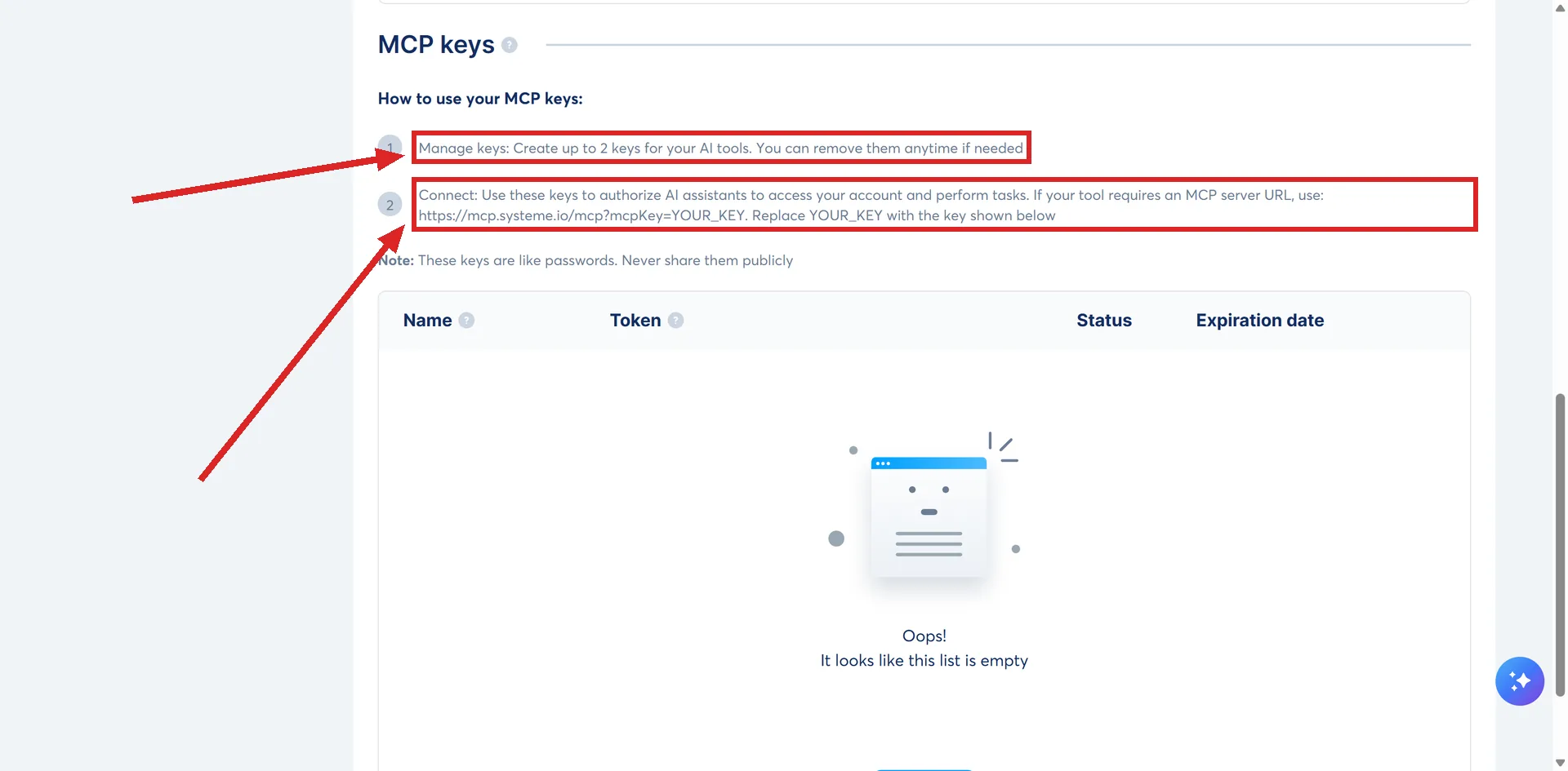 The MCP keys section of the systeme.io MCP and API keys page, with the Manage keys line and the Connect line highlighted.