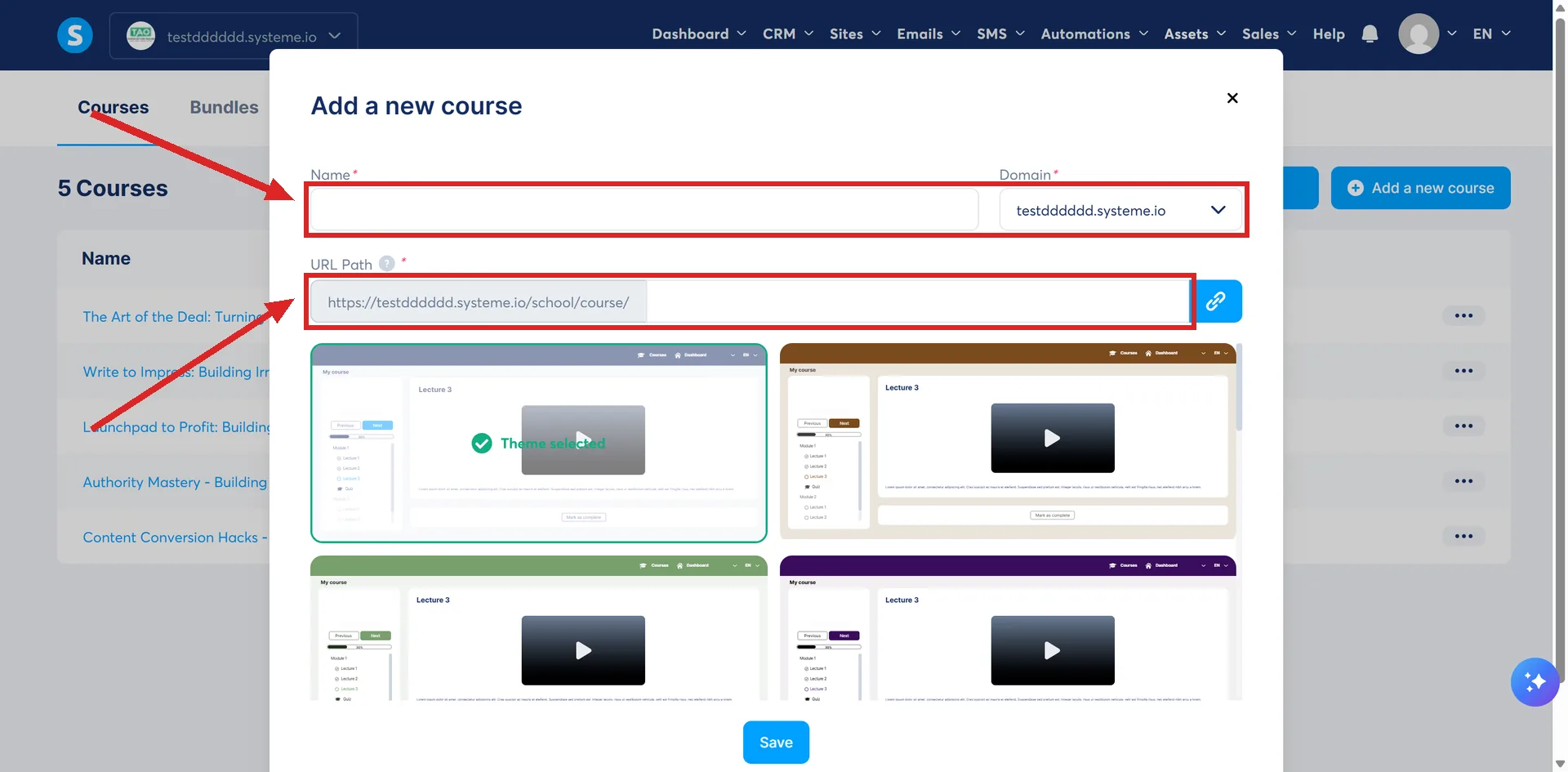 The Add a new course dialog in systeme.io, with the Name, Domain and URL Path fields highlighted.