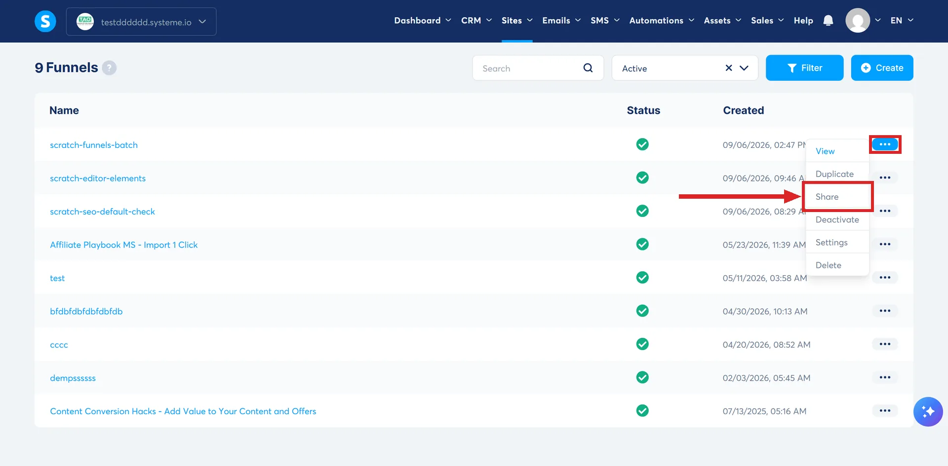 The systeme.io Sales funnels list with a funnel's three-dot menu open and Share highlighted.