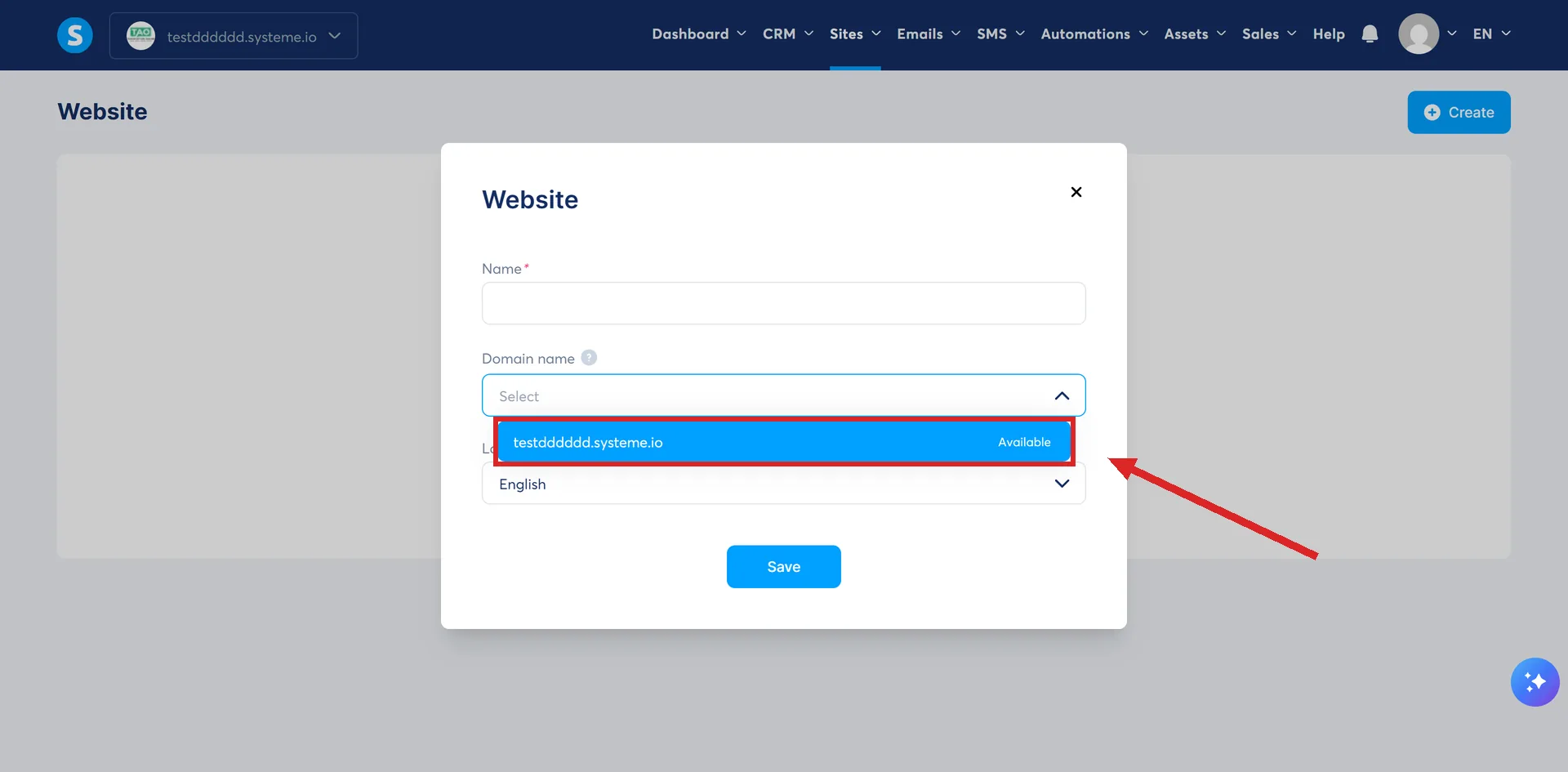 The Create website box in systeme.io with its Domain name list open, and the account's one domain highlighted.