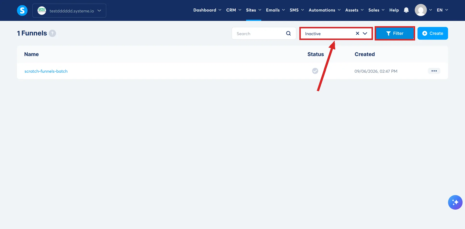 The systeme.io Sales funnels list, with the status field set to Inactive and the Filter button highlighted.