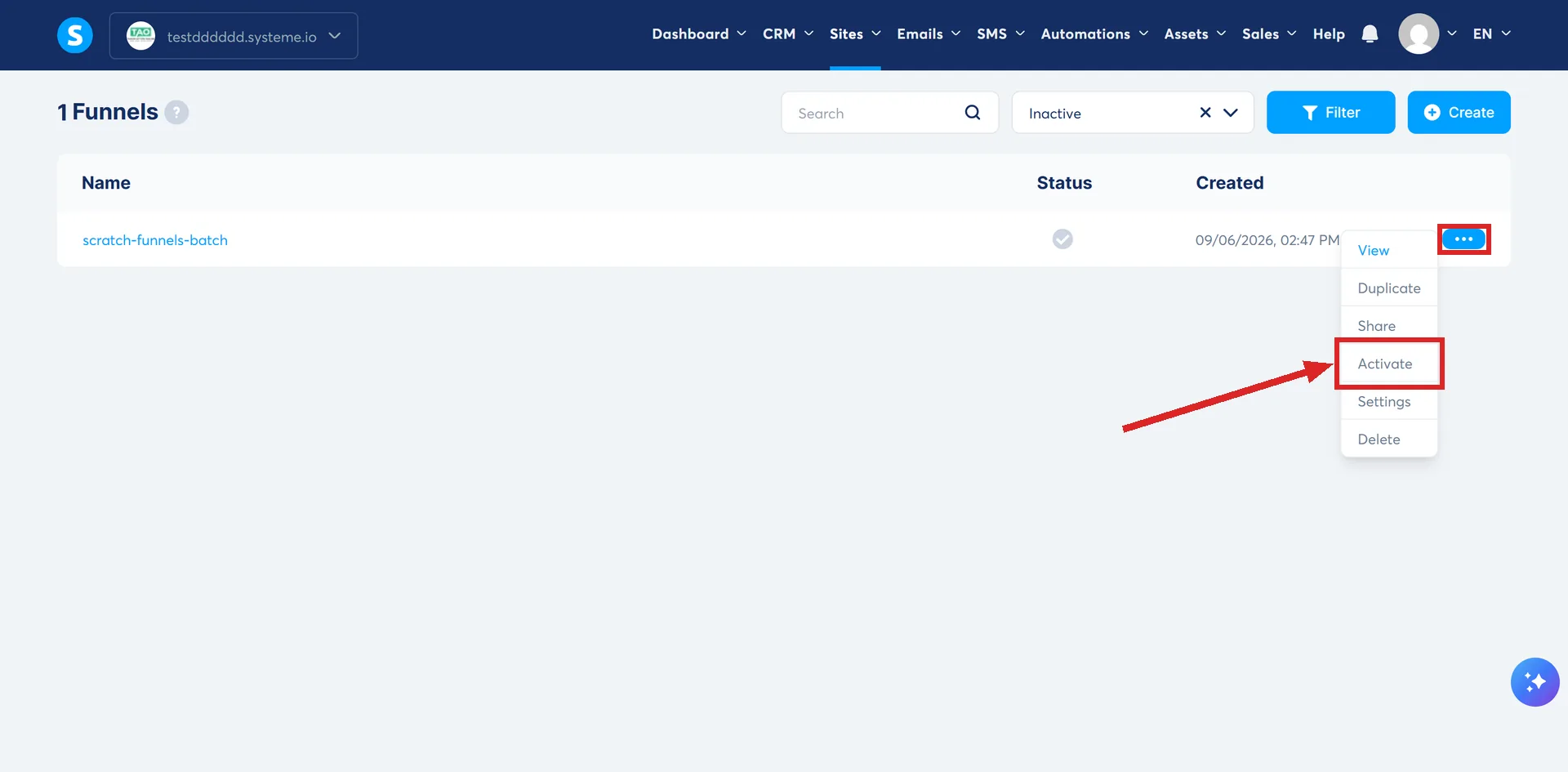 An inactive funnel's three-dot menu open in systeme.io, with Activate highlighted.