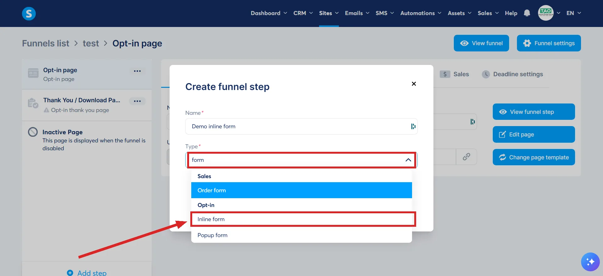 The Create funnel step box, with the Type field and the Inline form option highlighted.