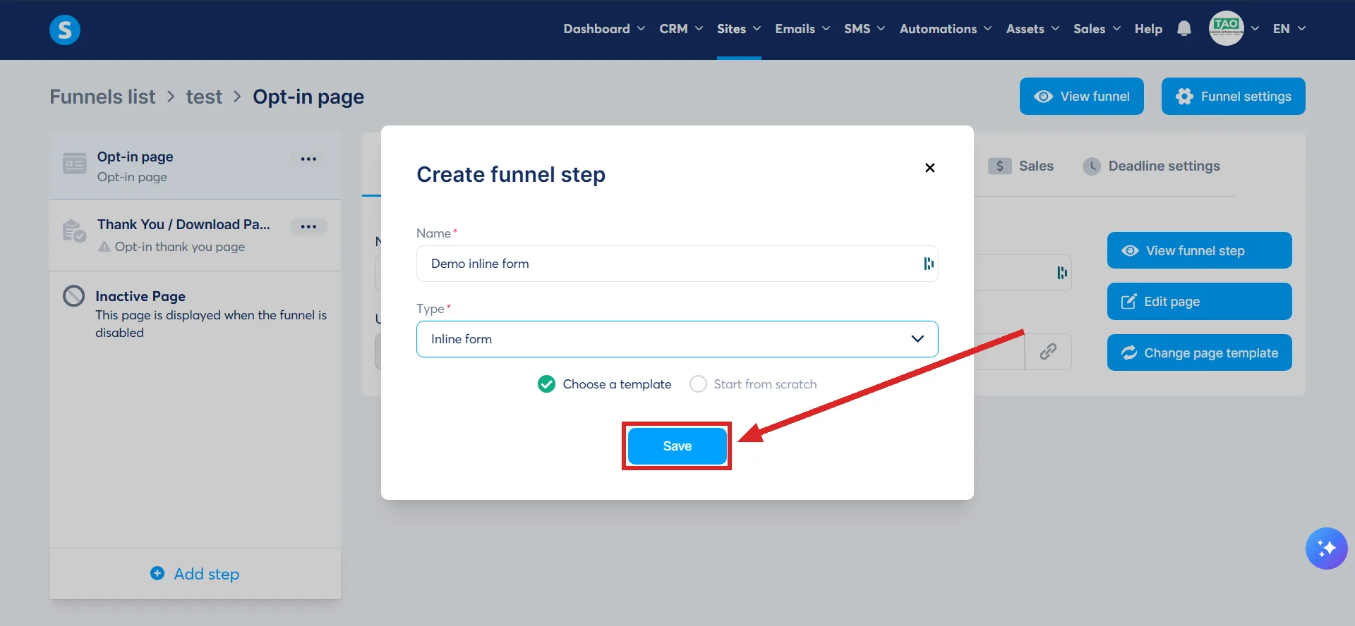 The Create funnel step box set to Inline form, with the Save button highlighted.