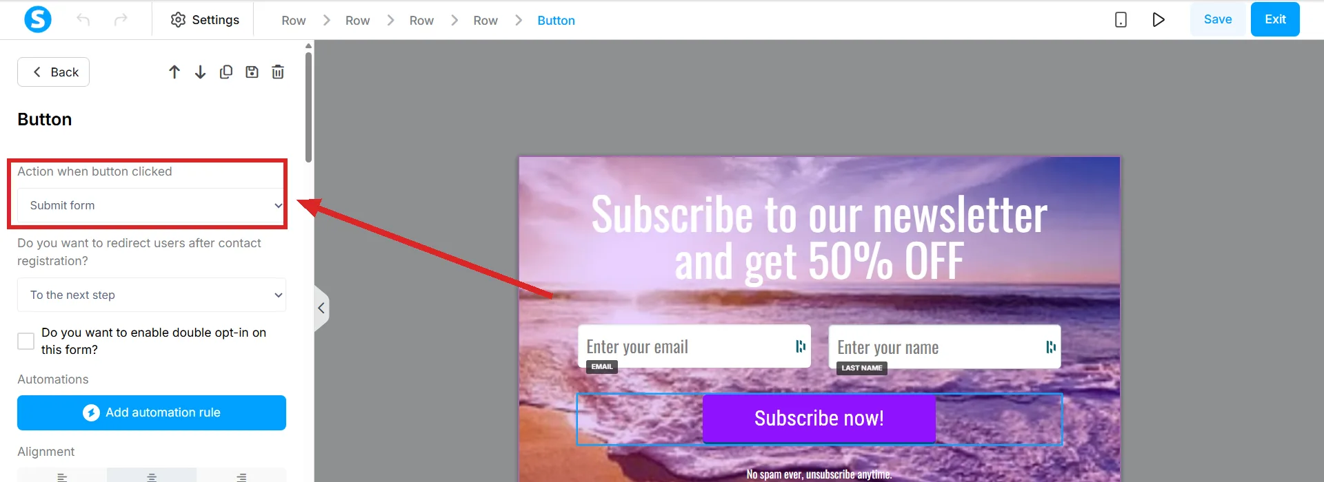 The page editor with the form's button selected, and the Action when button clicked setting highlighted reading Submit form.