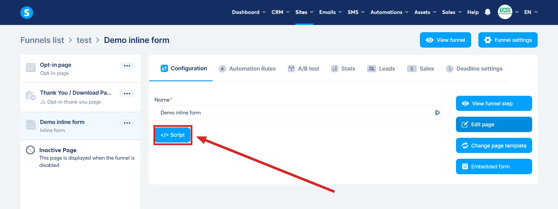 The configuration of the finished form step, with the small Script button highlighted.