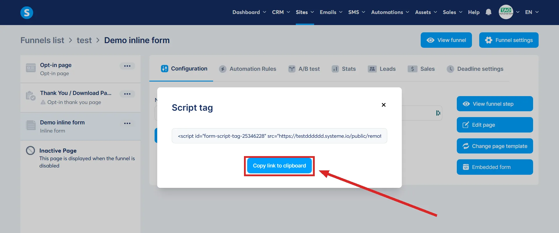 The Script tag box holding one line of code, with the Copy link to clipboard button highlighted.
