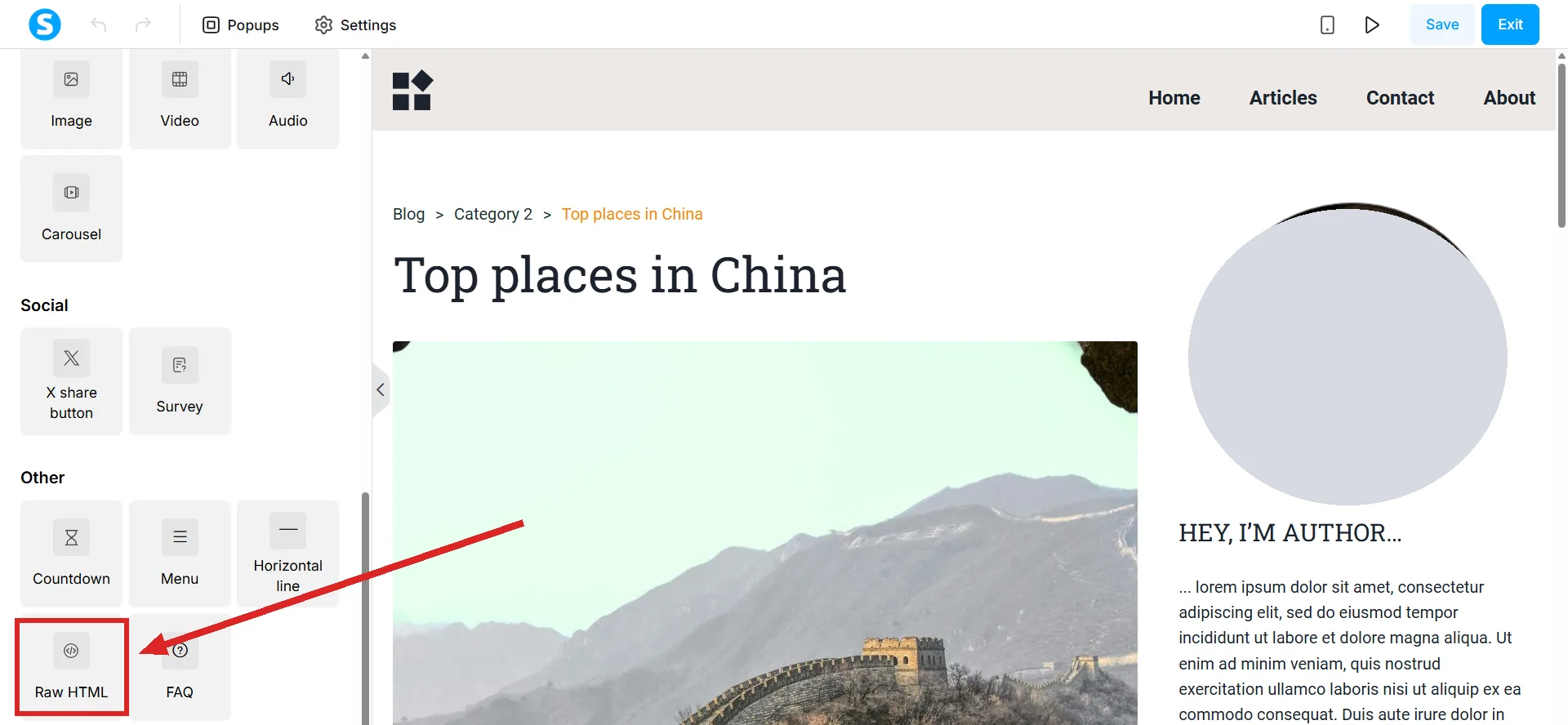 A blog post open in the page editor, with the Raw HTML element highlighted in the left sidebar.