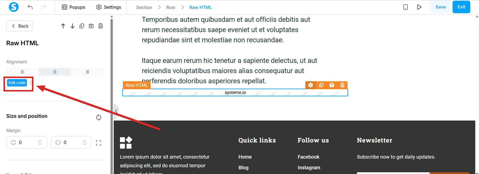 The Raw HTML element selected on a blog post, with the Edit code button highlighted in the left panel.