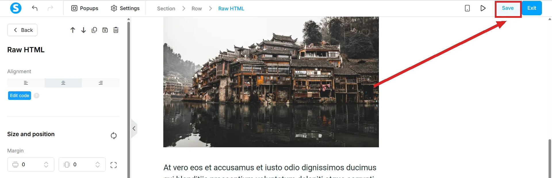 The top bar of the page editor, with the Save button highlighted at its right.