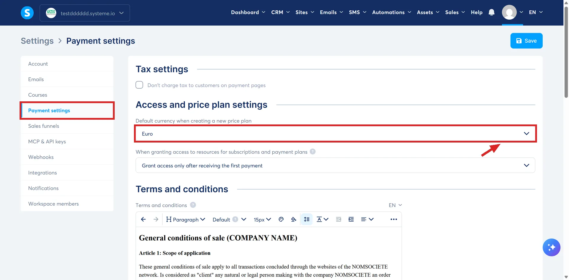 The Payment settings screen in systeme.io, with the Default currency when creating a new price plan field highlighted.