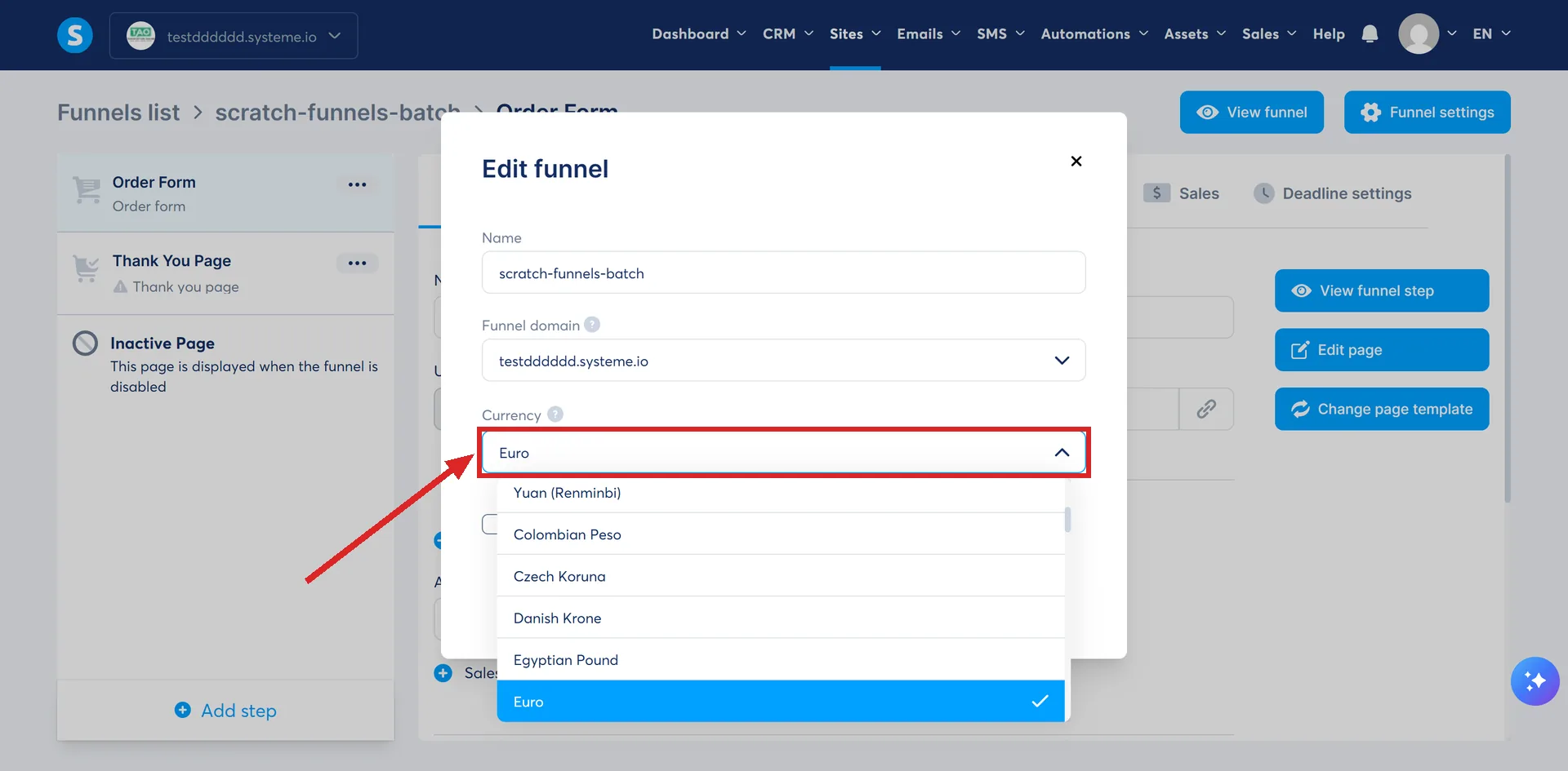 The Edit funnel popup in systeme.io, with its Currency dropdown open and highlighted.