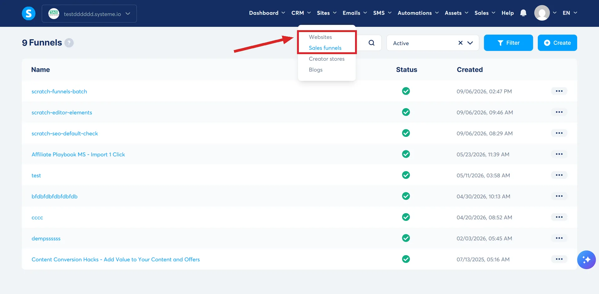 The systeme.io Sites menu open, with its Websites and Sales funnels entries highlighted.