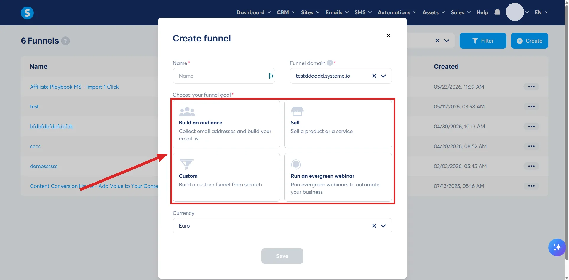 The Create funnel box in systeme.io, with its four funnel goals highlighted.