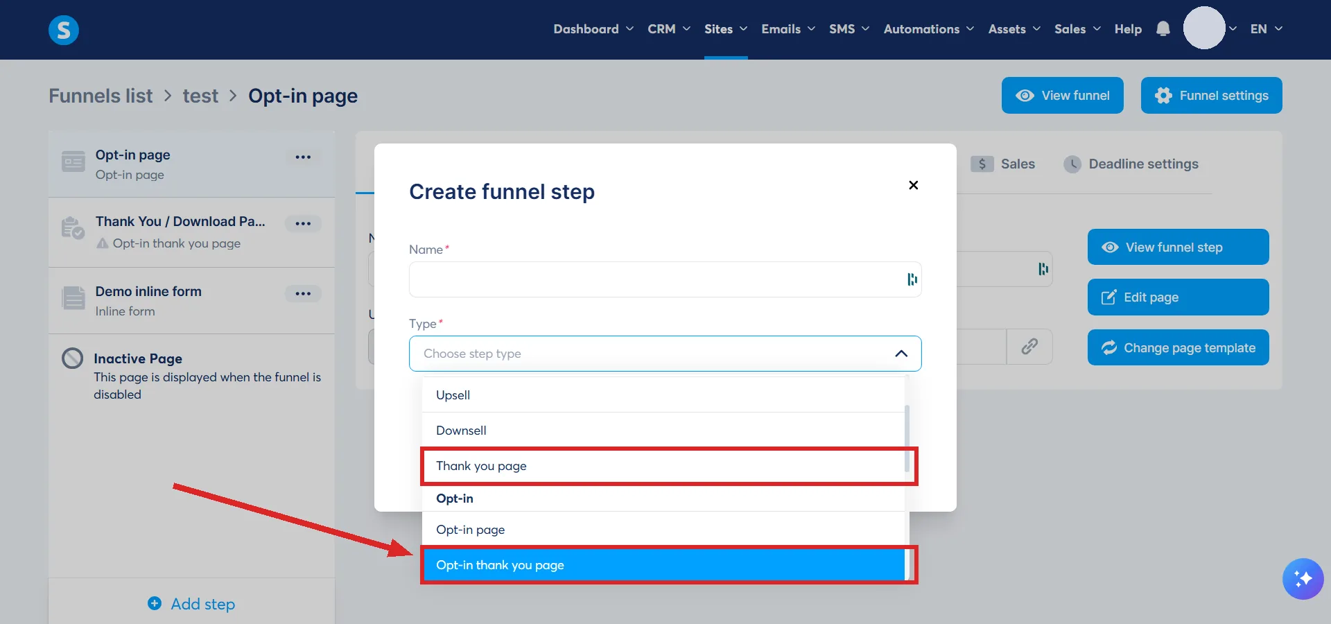 The Type list in the systeme.io Create funnel step box, with the Thank you page and Opt-in thank you page entries highlighted.