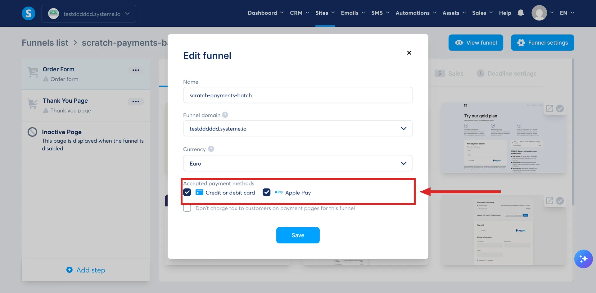 The Edit funnel dialog in systeme.io, with the Accepted payment methods section highlighted.