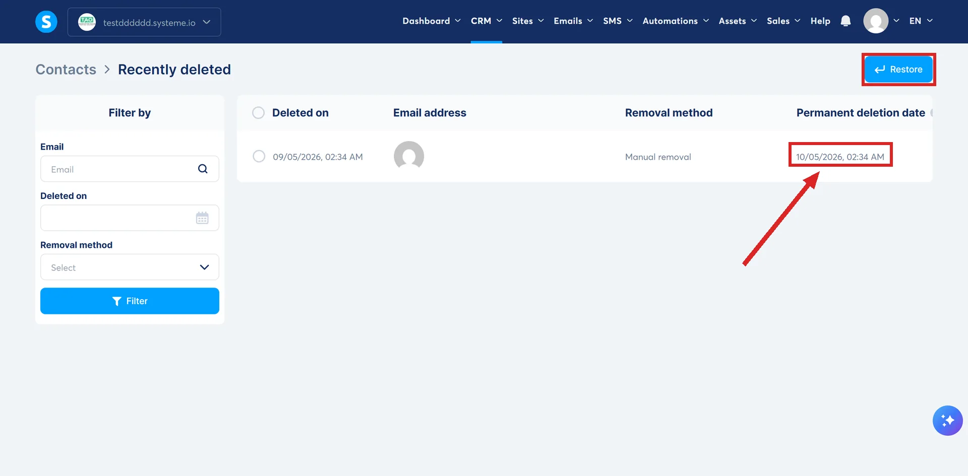 The Recently deleted bin in a systeme.io account, with the Restore button and a row's Permanent deletion date highlighted.