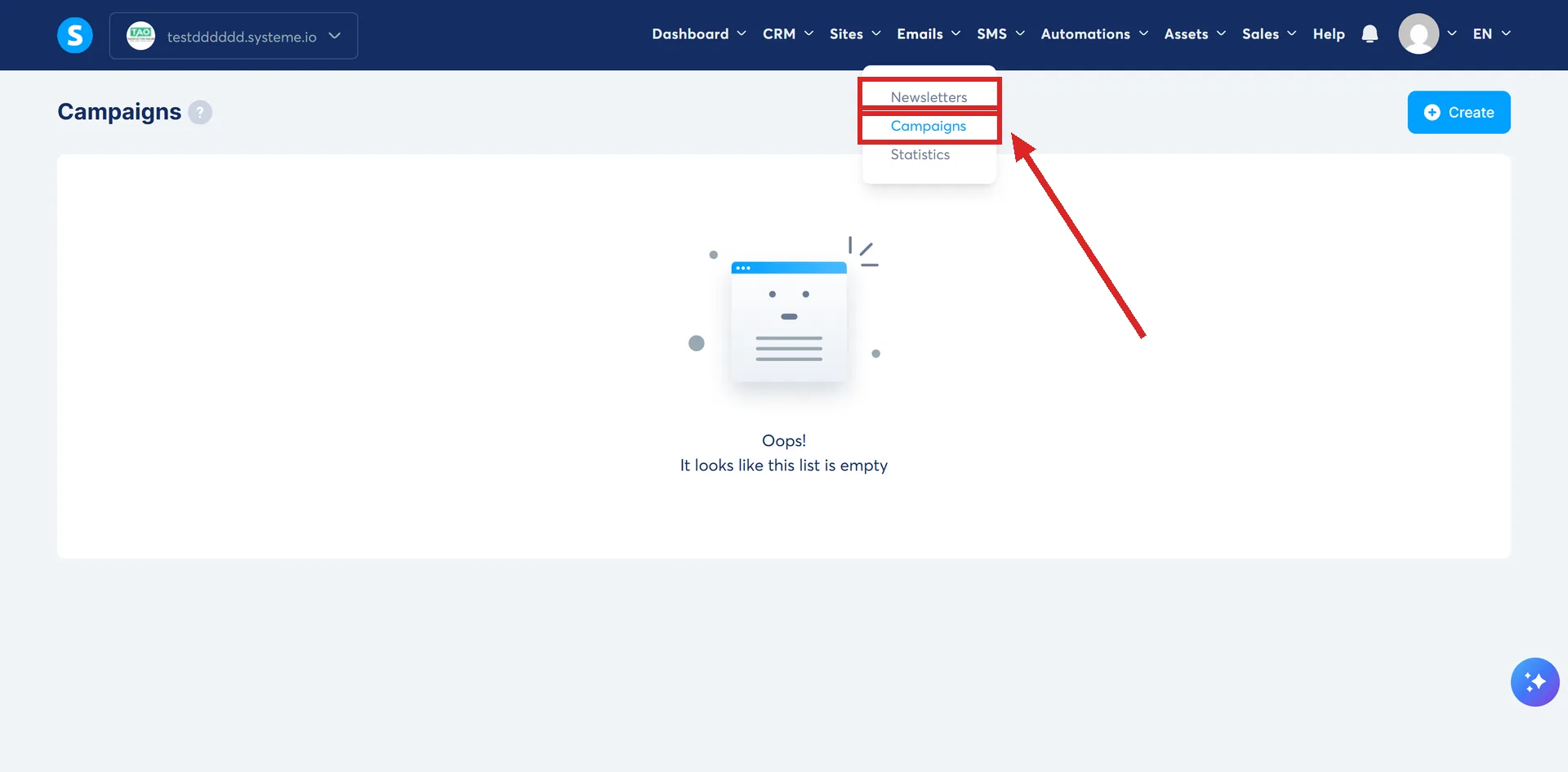 The Emails menu open in systeme.io, with Newsletters and Campaigns highlighted.