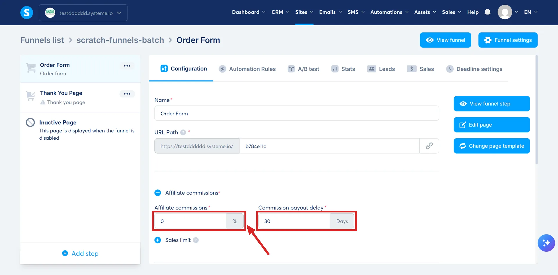 The order form configuration in a systeme.io funnel, with the Affiliate commissions and Commission payout delay fields highlighted.