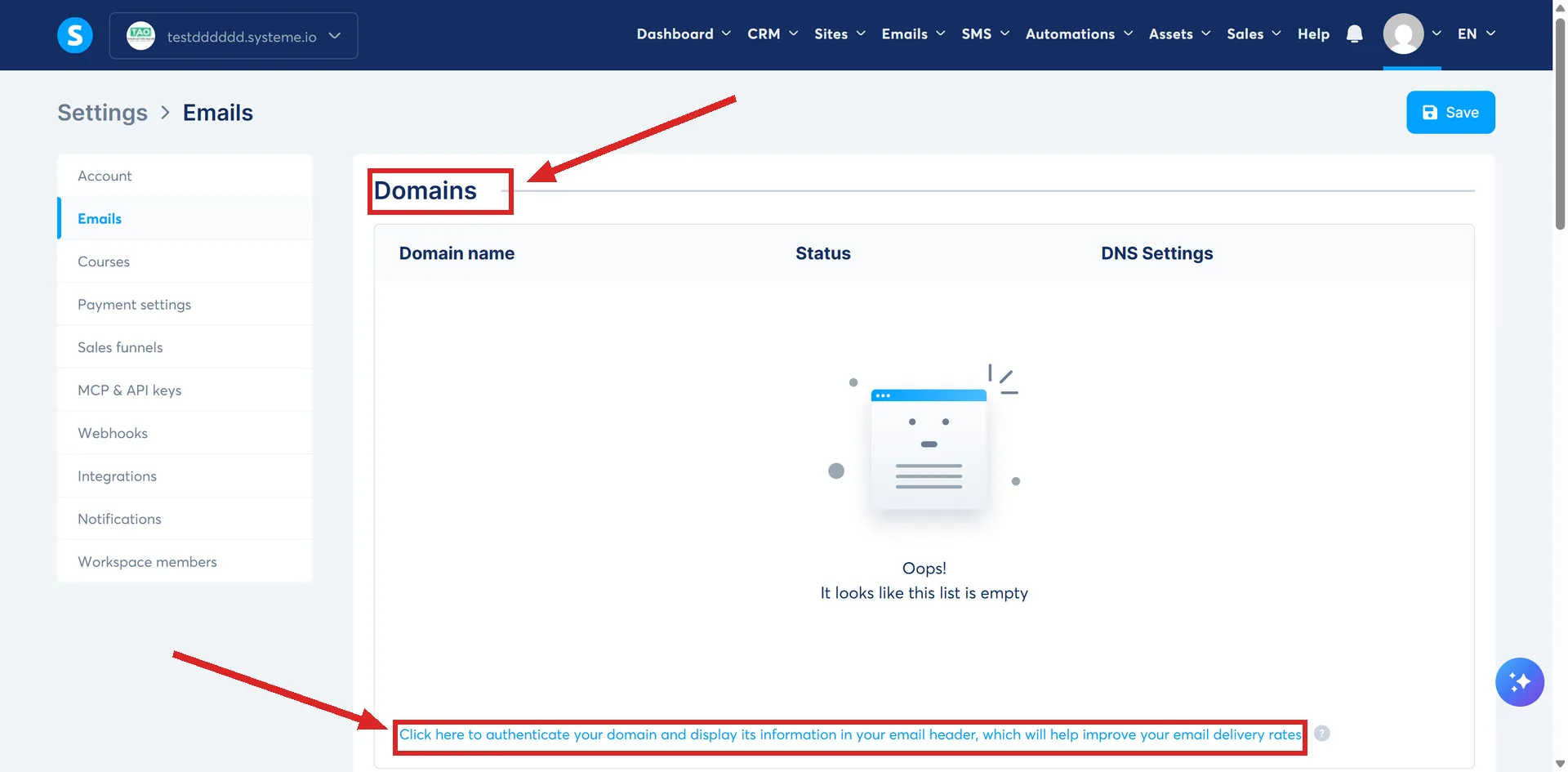 The Domains section under Settings, then Emails, in systeme.io, with the Click here to authenticate your domain link highlighted.