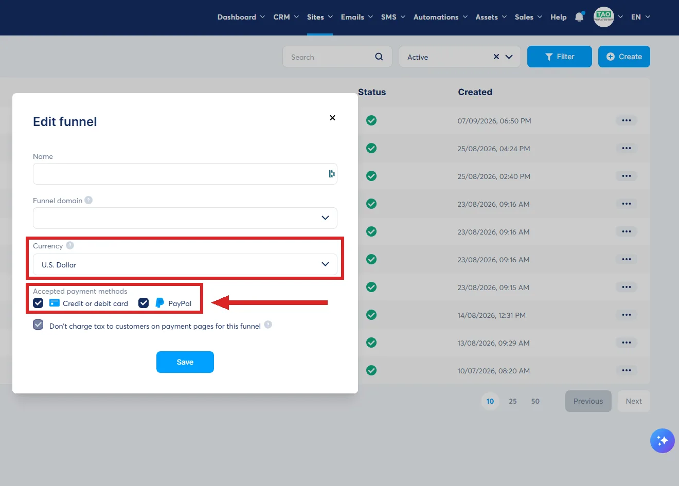 The Edit funnel popup in systeme.io, with the Currency field and the ticked Credit or debit card and PayPal boxes marked.