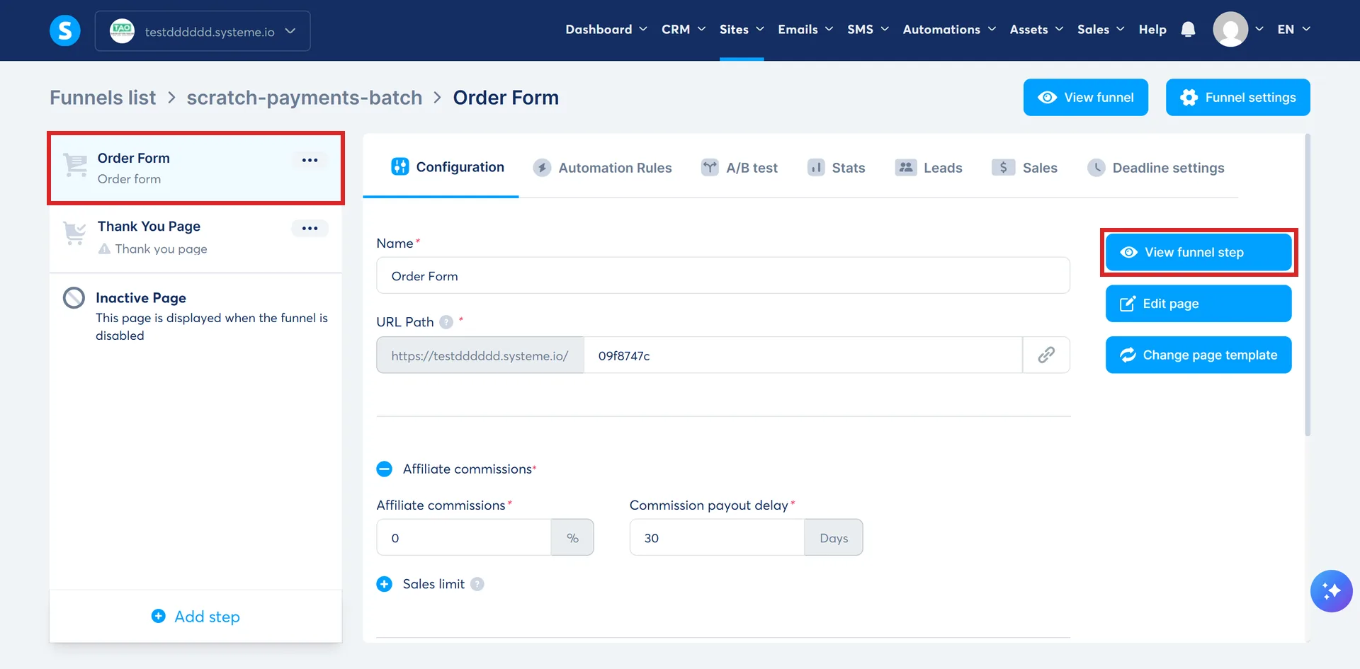 The Configuration tab of an order form step in systeme.io, with the Order Form step and the View funnel step button marked.