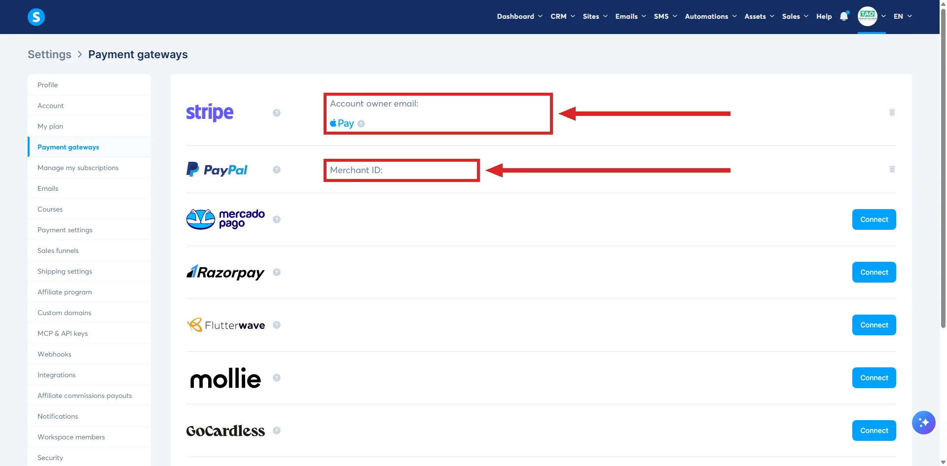 Payment gateways in systeme.io with Stripe and PayPal connected, and the Stripe account owner email and Apple Pay lines and the PayPal Merchant ID marked.