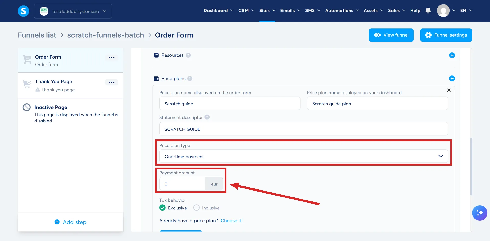 A new price plan form in systeme.io, with two fields marked: Price plan type, reading One-time payment, and Payment amount.