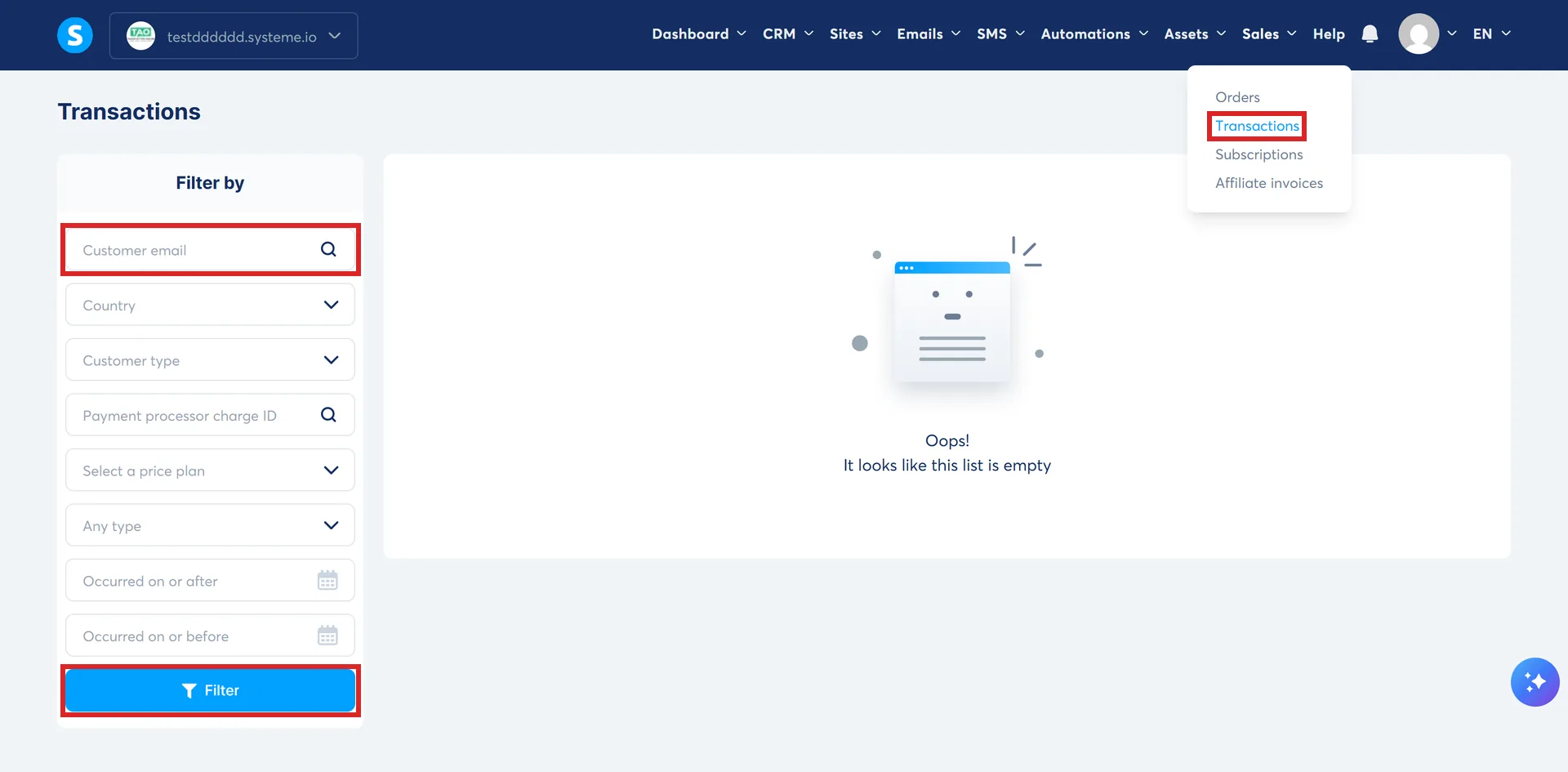 The Transactions page in systeme.io, with Transactions marked in the open Sales menu and the Customer email field and Filter button marked.