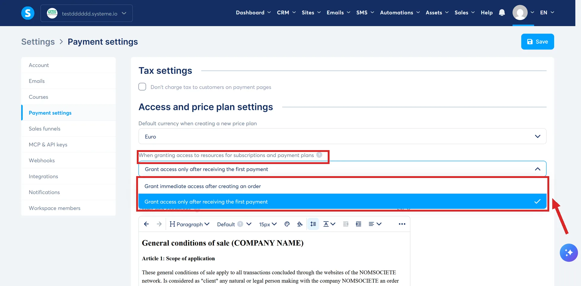 The Access and price plan settings in systeme.io, with the dropdown open and both access options highlighted.