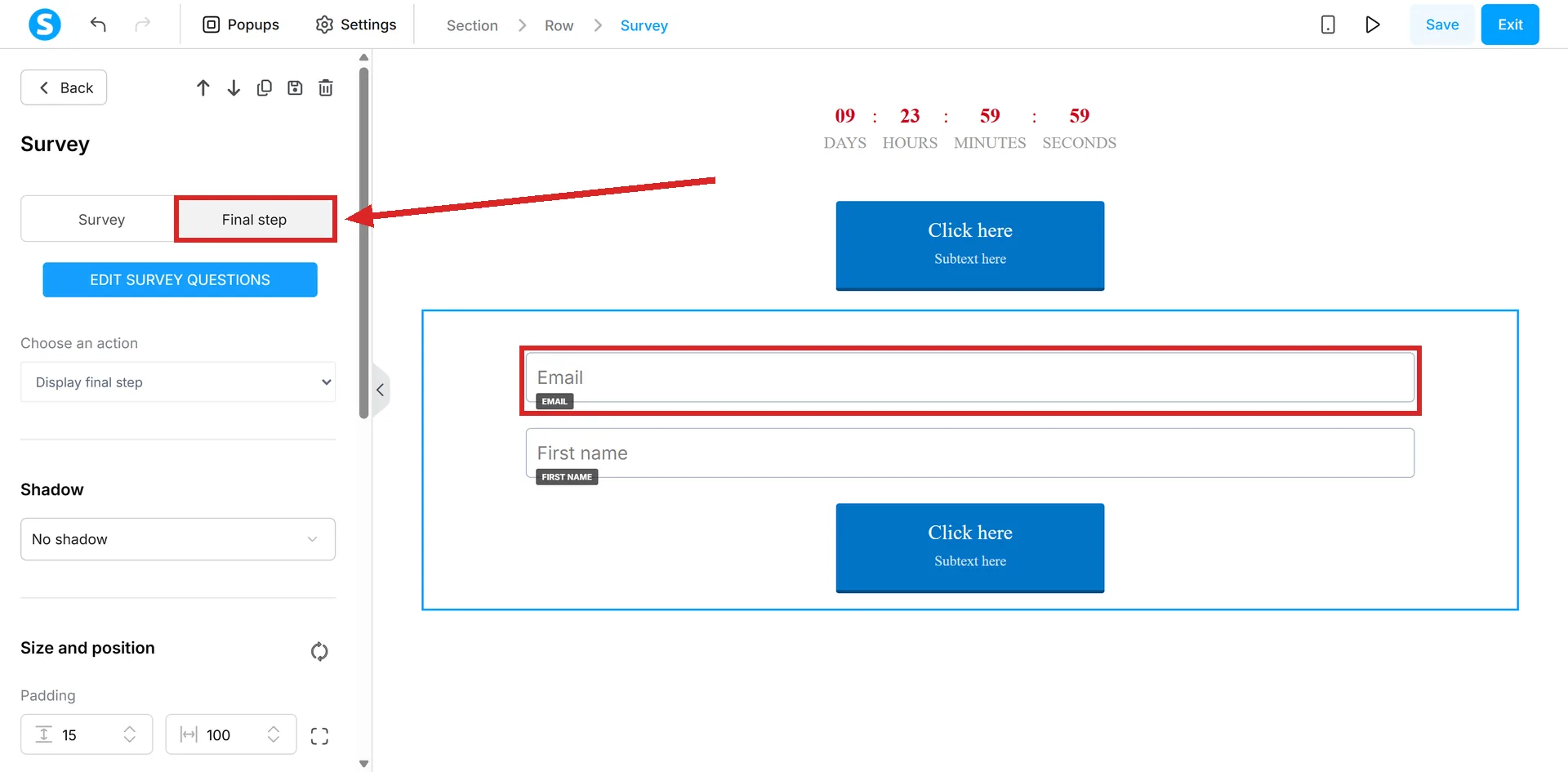 The systeme.io page editor with a Survey element selected, and the Final step switch and the final step's Email input highlighted.