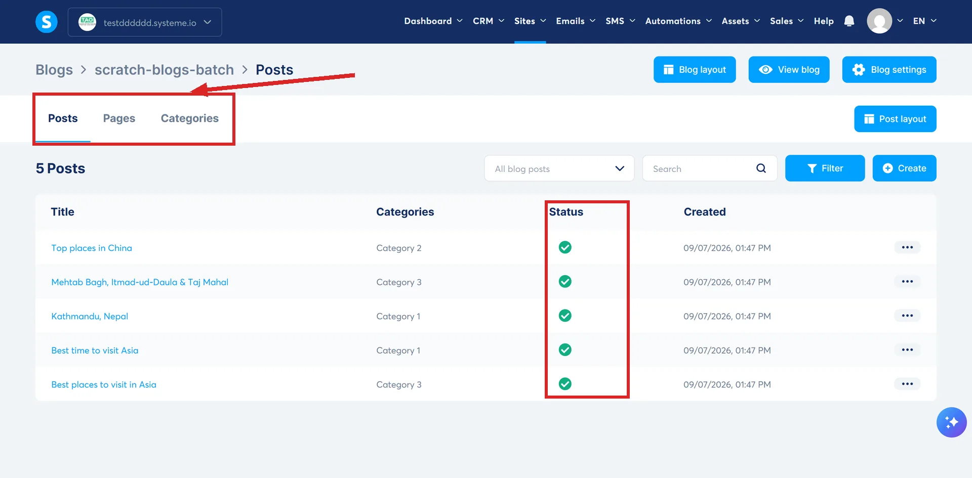 Inside a systeme.io blog, with the Posts, Pages and Categories tabs and the Status column highlighted.