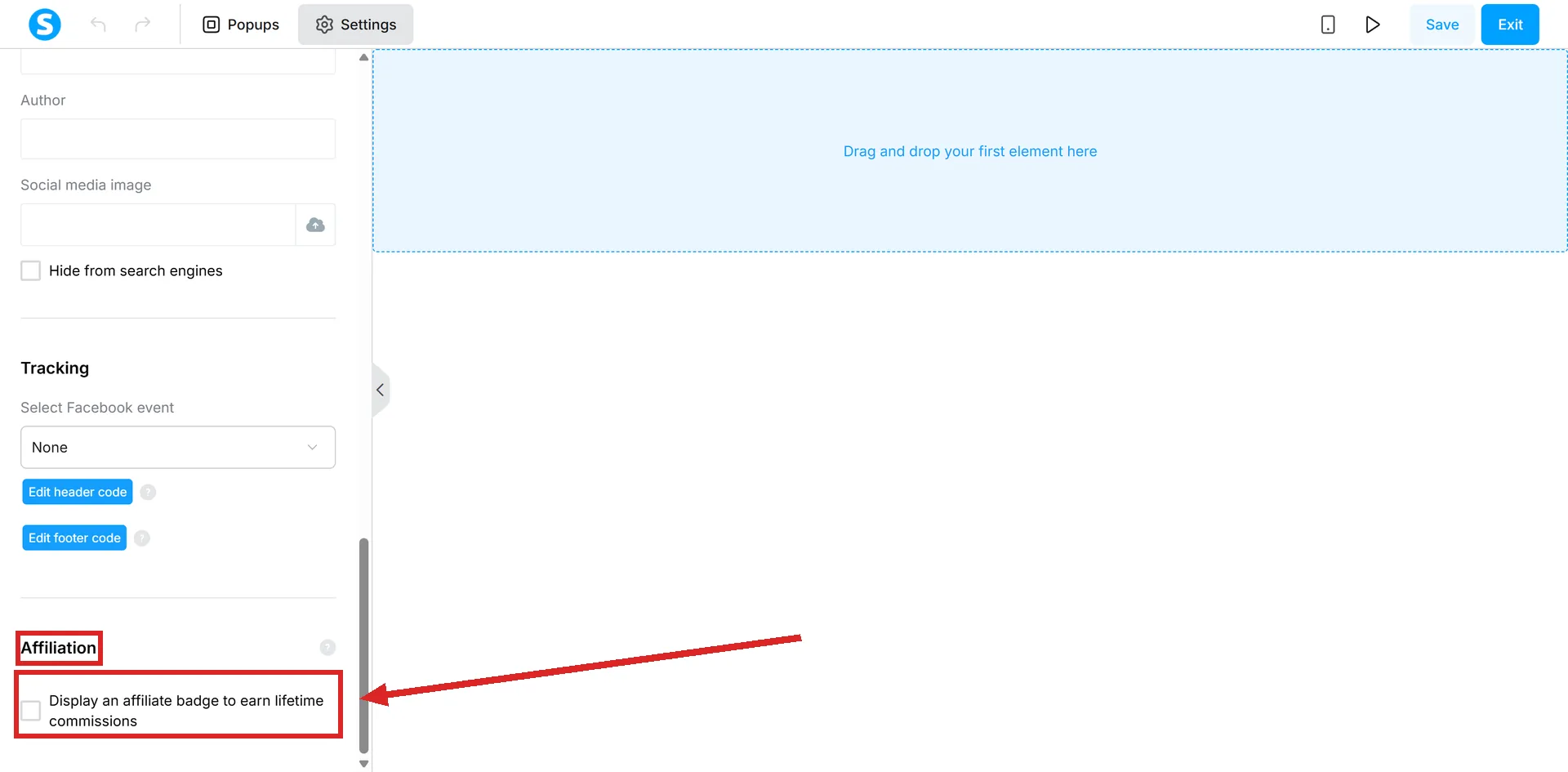 A page's Settings panel in systeme.io scrolled to the bottom, with the Affiliation heading and the affiliate badge tick box highlighted.