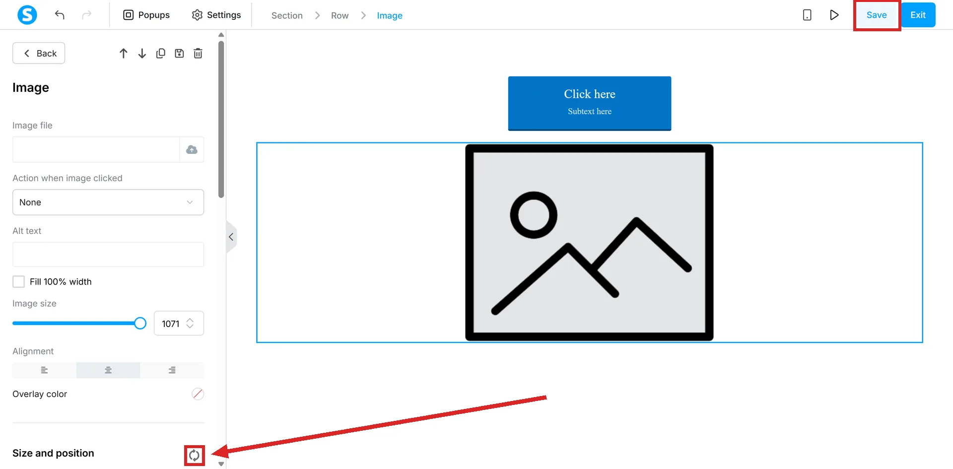 The systeme.io page editor with an image selected, and the Save button and the small circular Reset icon highlighted.