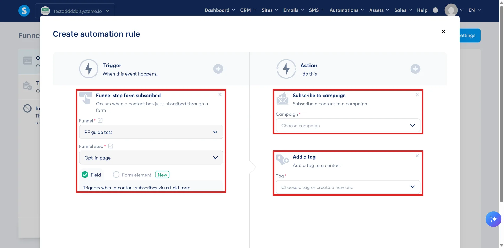 The Create automation rule window in systeme.io, with the Funnel step form subscribed trigger and the Subscribe to campaign and Add a tag actions marked.