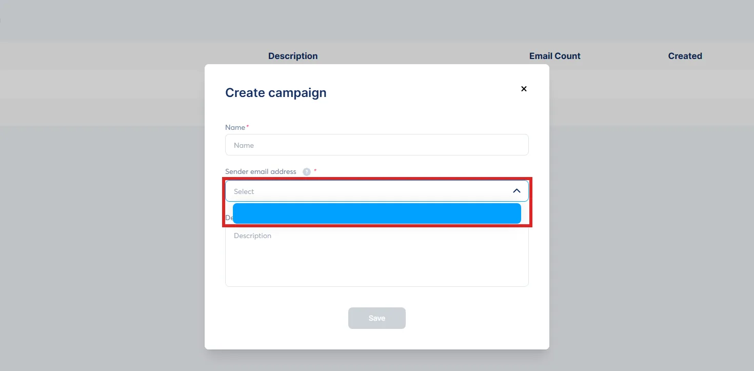 The Create campaign popup in systeme.io with the Sender email address list open and one confirmed address in it, marked. The address is painted out.