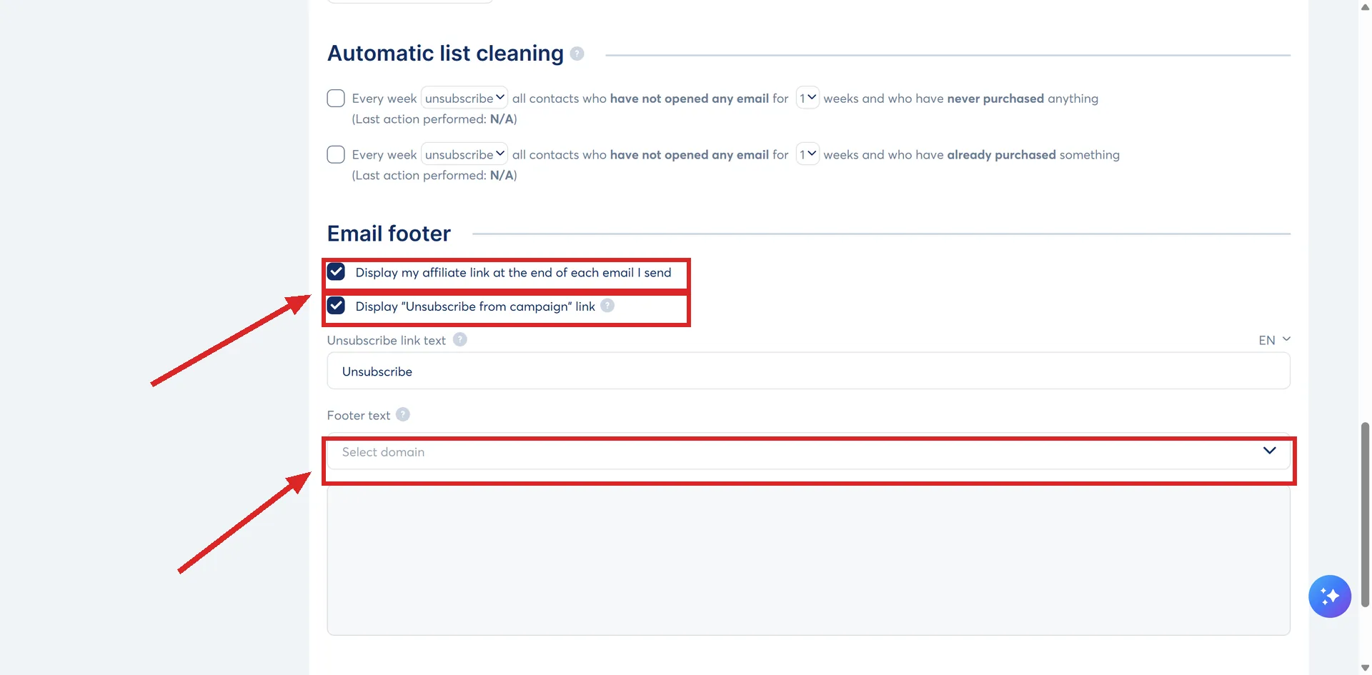 The Email footer section under Settings, then Emails, in systeme.io, with two tick boxes and the Select domain dropdown highlighted.