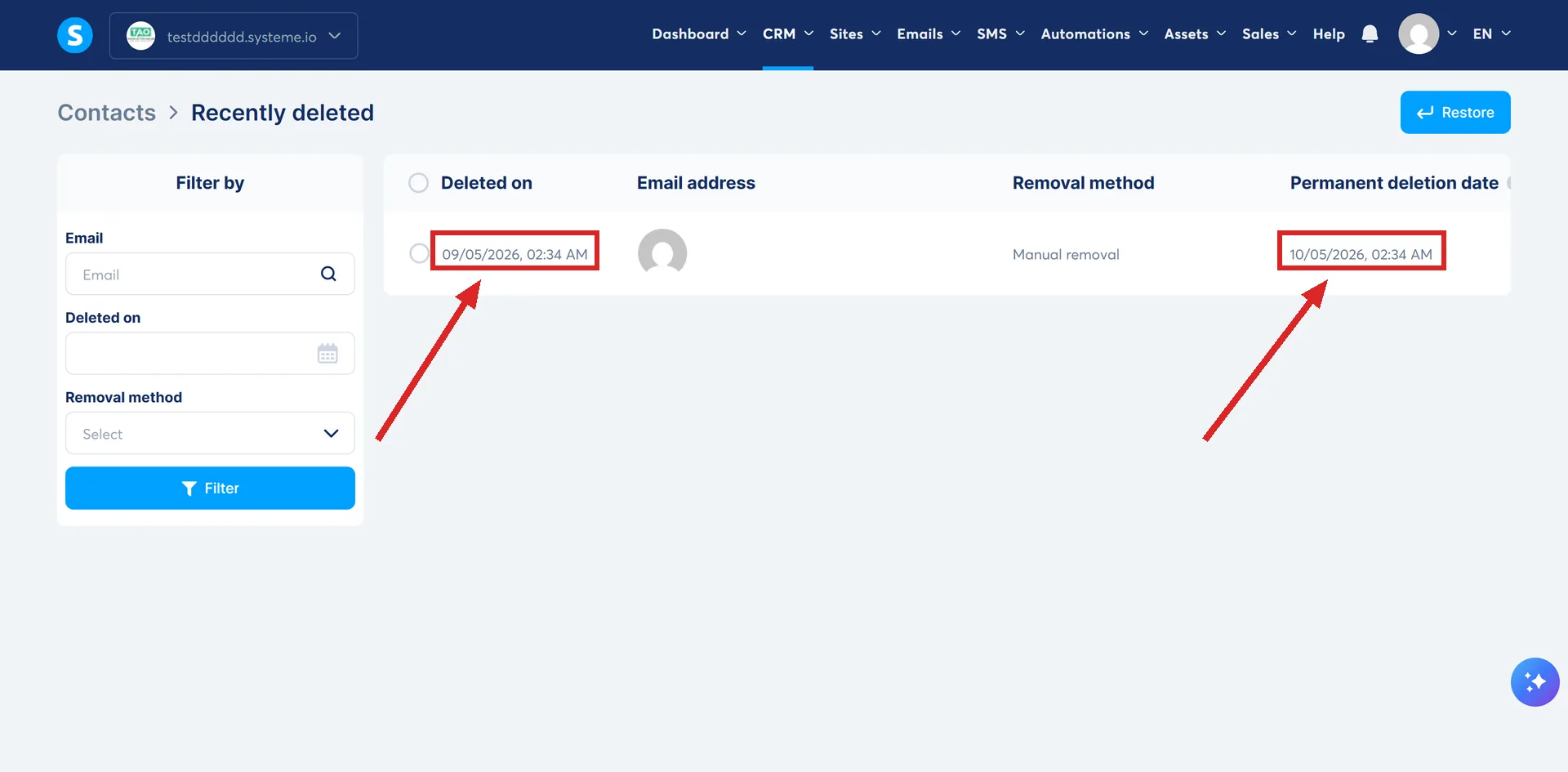 A row in the systeme.io Recently deleted bin, with its deletion date and permanent deletion date highlighted.