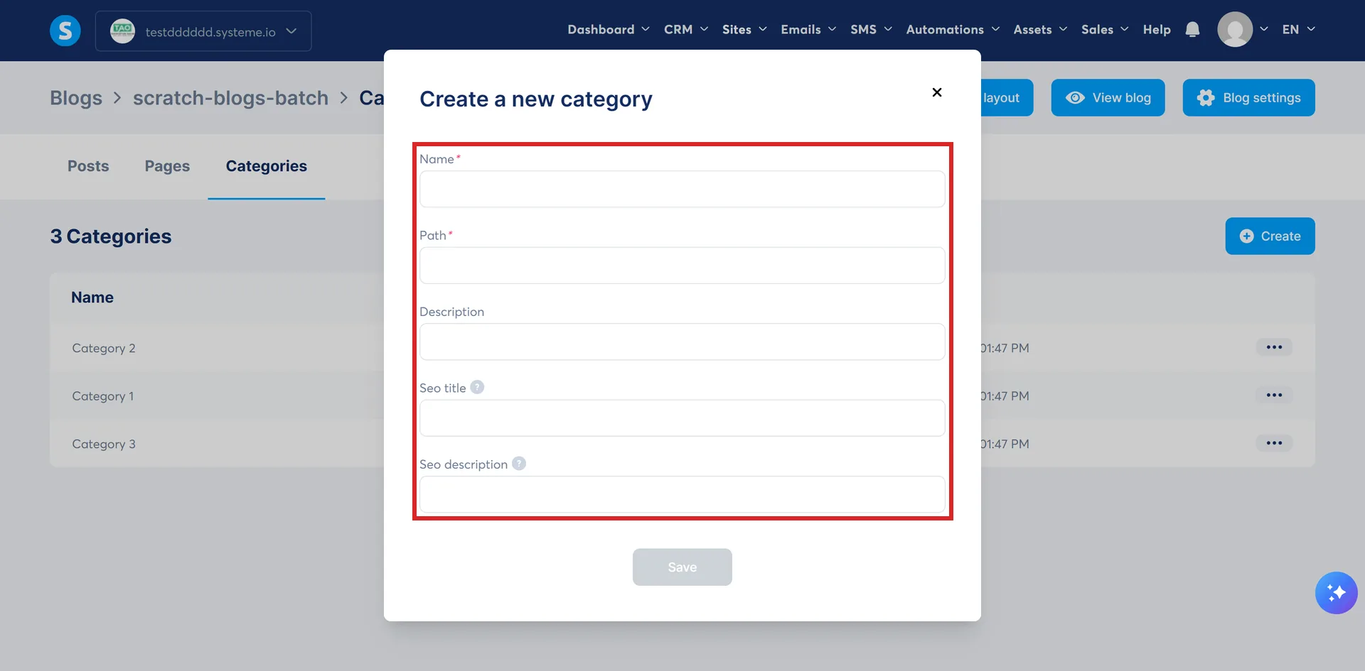 The Create category form in systeme.io, with its five fields highlighted.