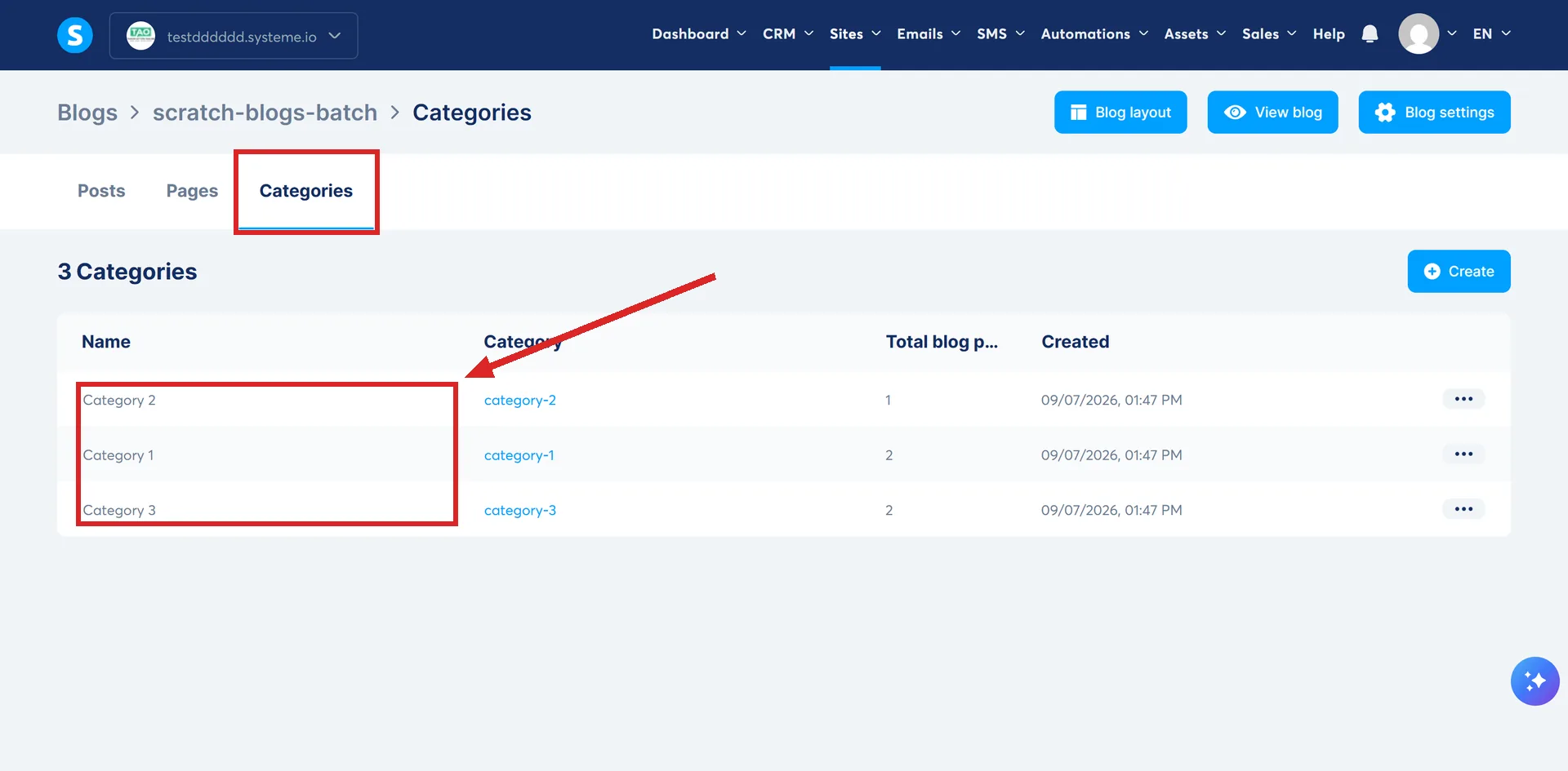The Categories screen inside a systeme.io blog, with its three category rows highlighted.