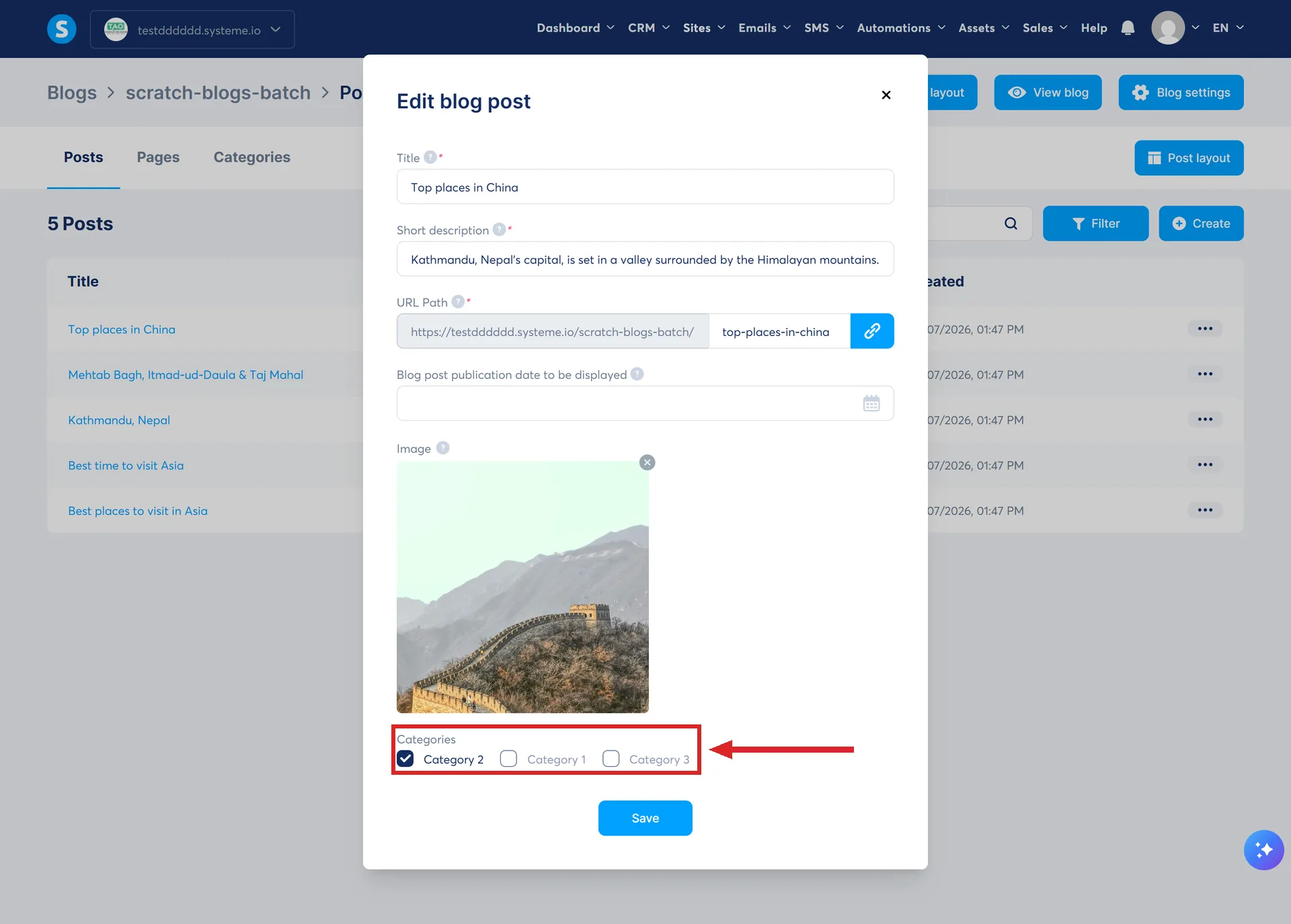 The Edit blog post popup in systeme.io, with the Categories row highlighted.
