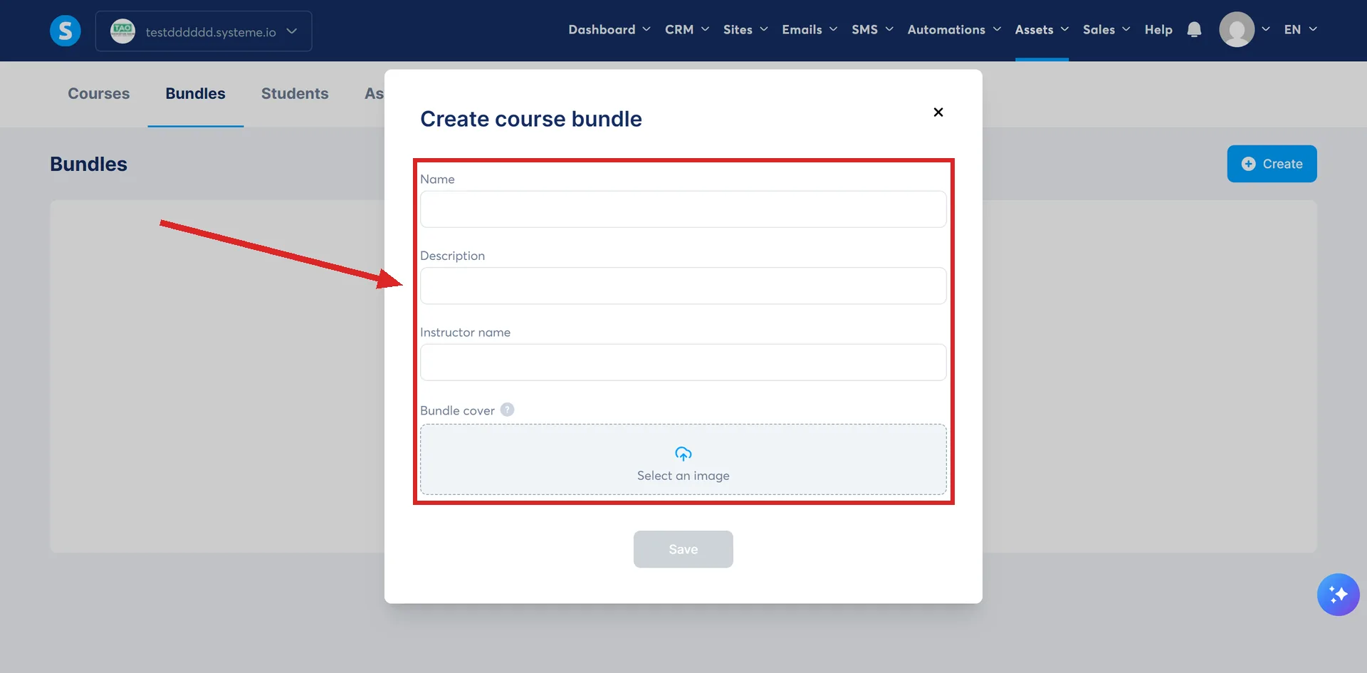 The Create course bundle dialog in systeme.io, with its four fields highlighted.