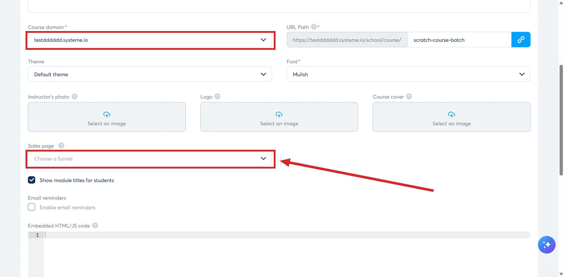A course's Settings page in systeme.io, with the Course domain and Sales page settings highlighted.